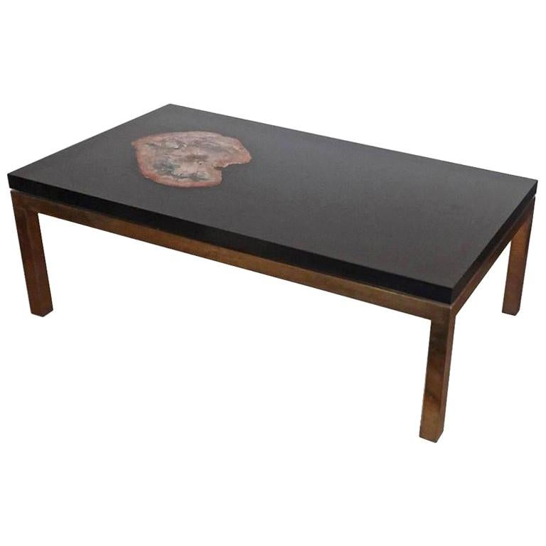 Low Table with a Petrified Wood Inlay by Philippe Barbier, France, 1970 For Sale