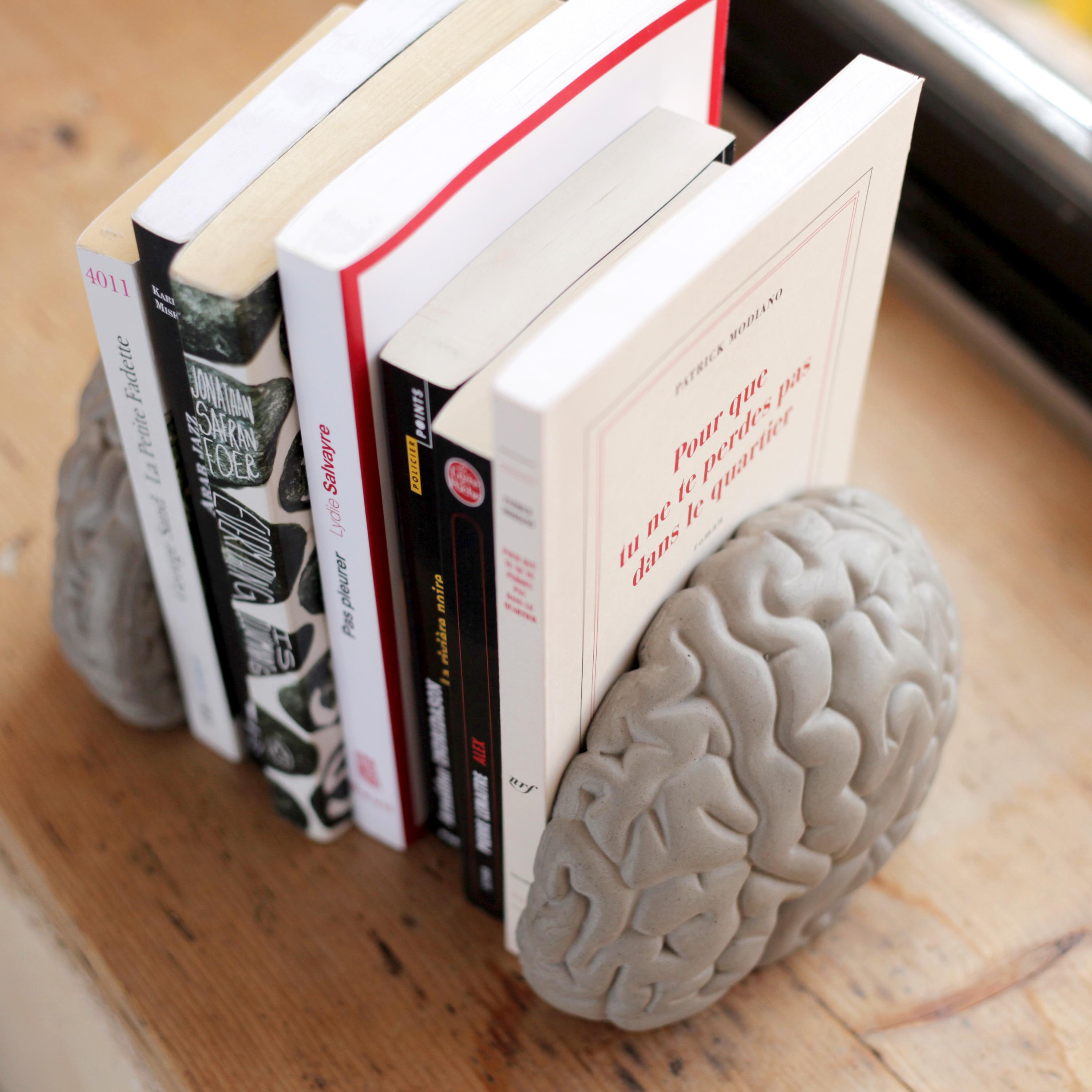 Die von Bertrand Jayr für Lyon Béton entworfenen konkreten Buchdeckel der grauen Zellen stellen die Gehirnhälften buchstäblich an die beiden Enden der Häuser unseres Wissens. Es bietet eine unterhaltsame und funktionelle Möglichkeit, Ihre