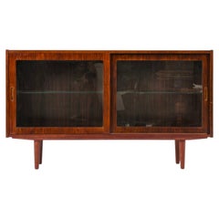 Low + Thin Danish Rosewood Bookcase  Display Cabinet w/ Sliding Glass Doors