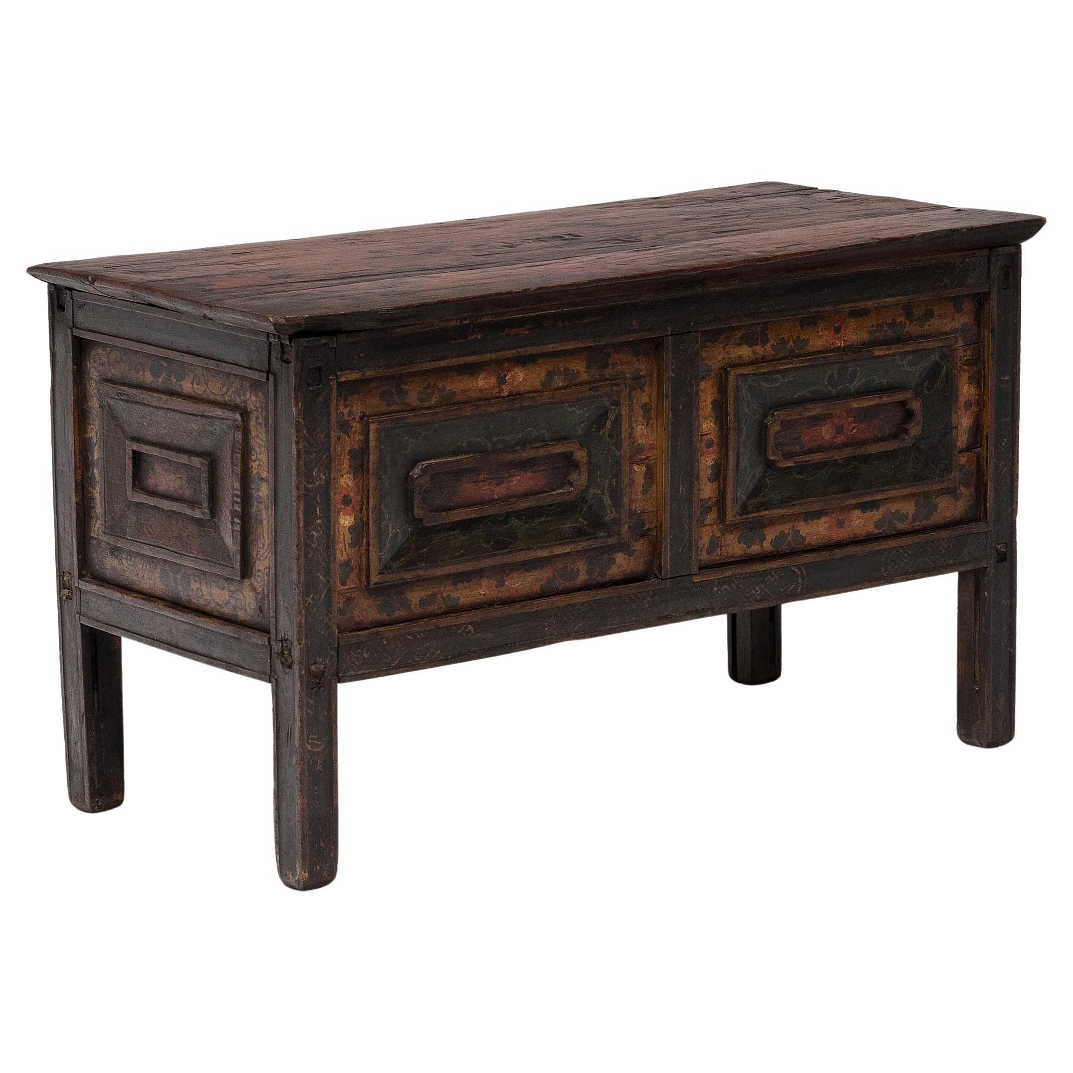Low Tibetan Painted Chest, c. 1900 For Sale