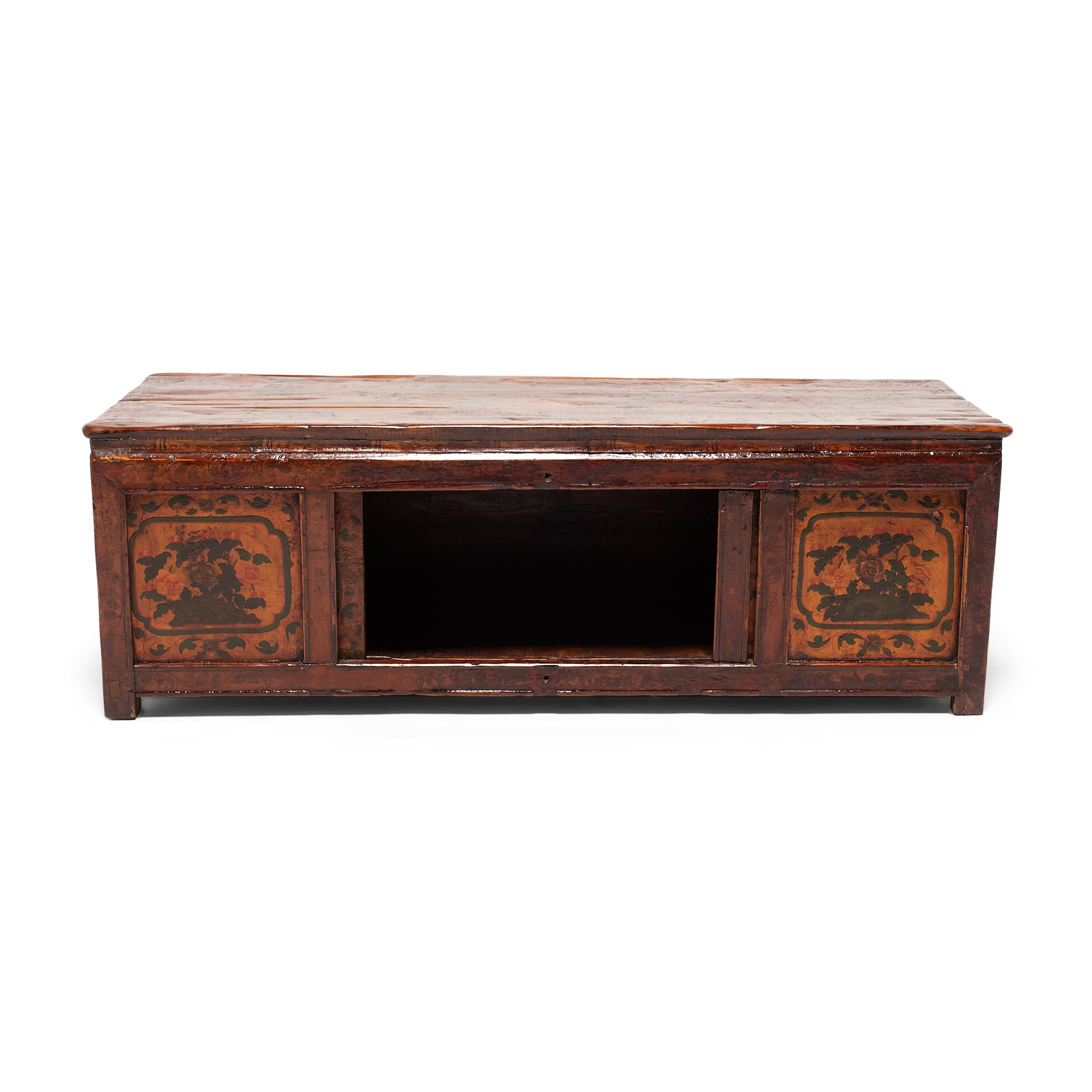 Low Tibetan Painted Peony Chest, c. 1900 In Good Condition In Chicago, IL