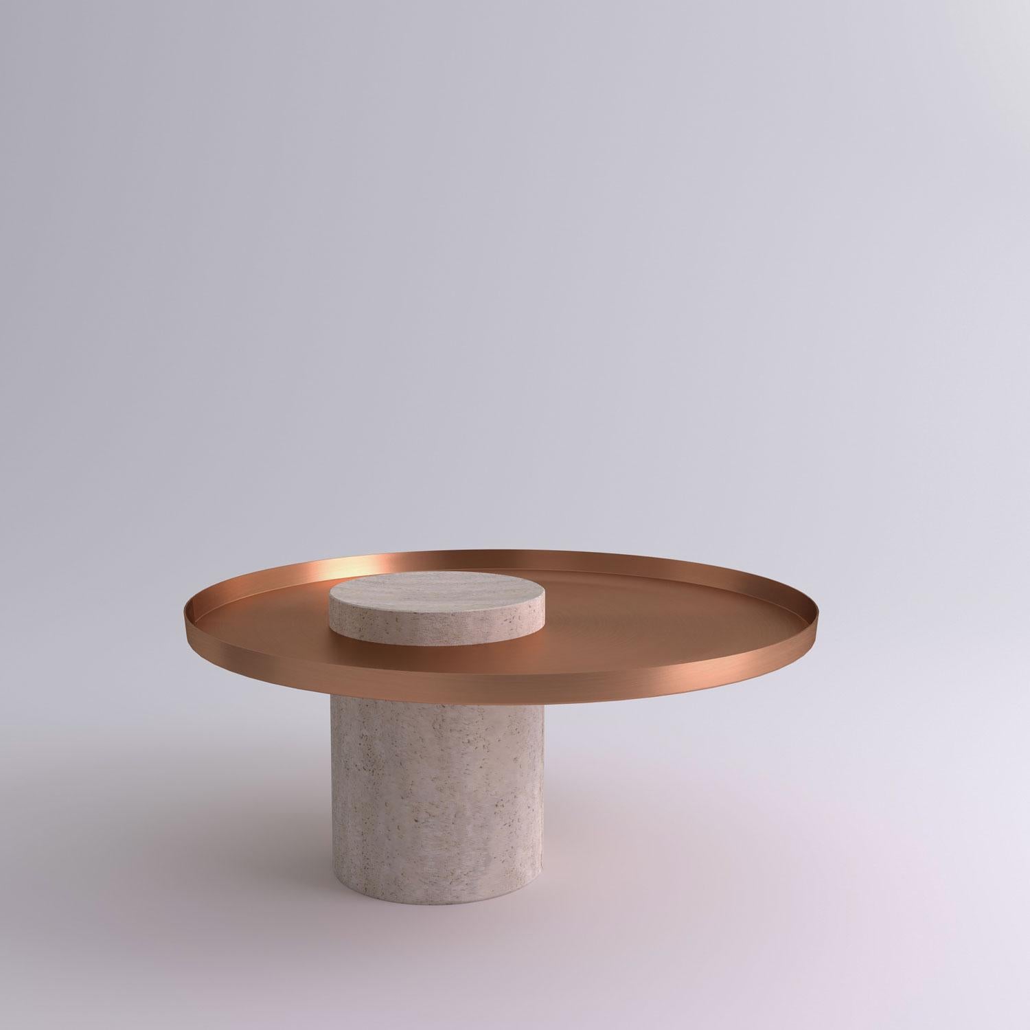 Low travertine contemporary guéridon, Sebastian Herkner
Dimensions: D 70 x H 33 cm
Materials: Travertine stone, copper

The salute table exists in 3 sizes, 4 different marble stones for the column and 5 different finishes for the tray for a