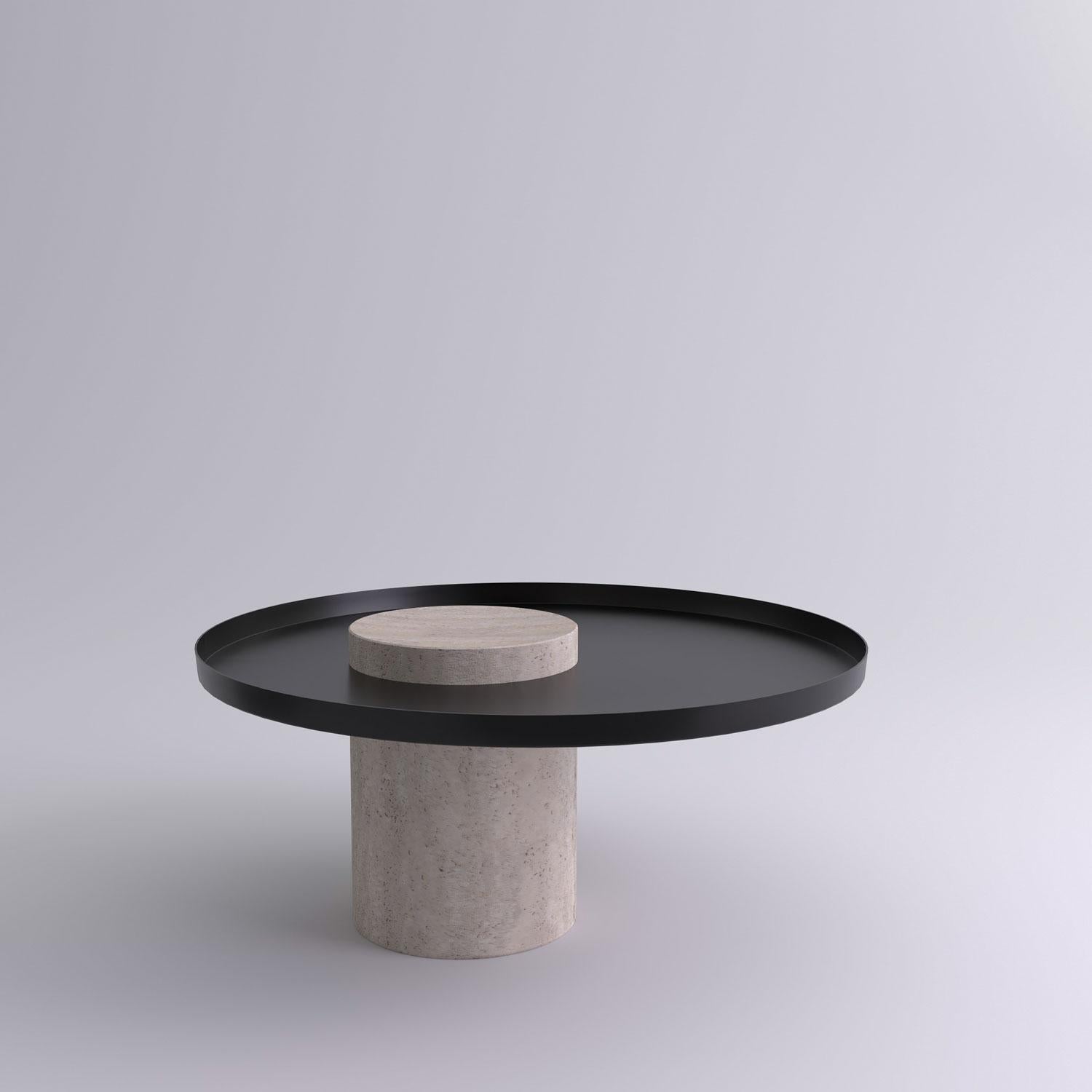 Low travertine contemporary guéridon, Sebastian Herkner
Dimensions: D 70 x H 33 cm
Materials: Travertine stone, black metal tray

The salute table exists in 3 sizes, 4 different marble stones for the column and 5 different finishes for the tray