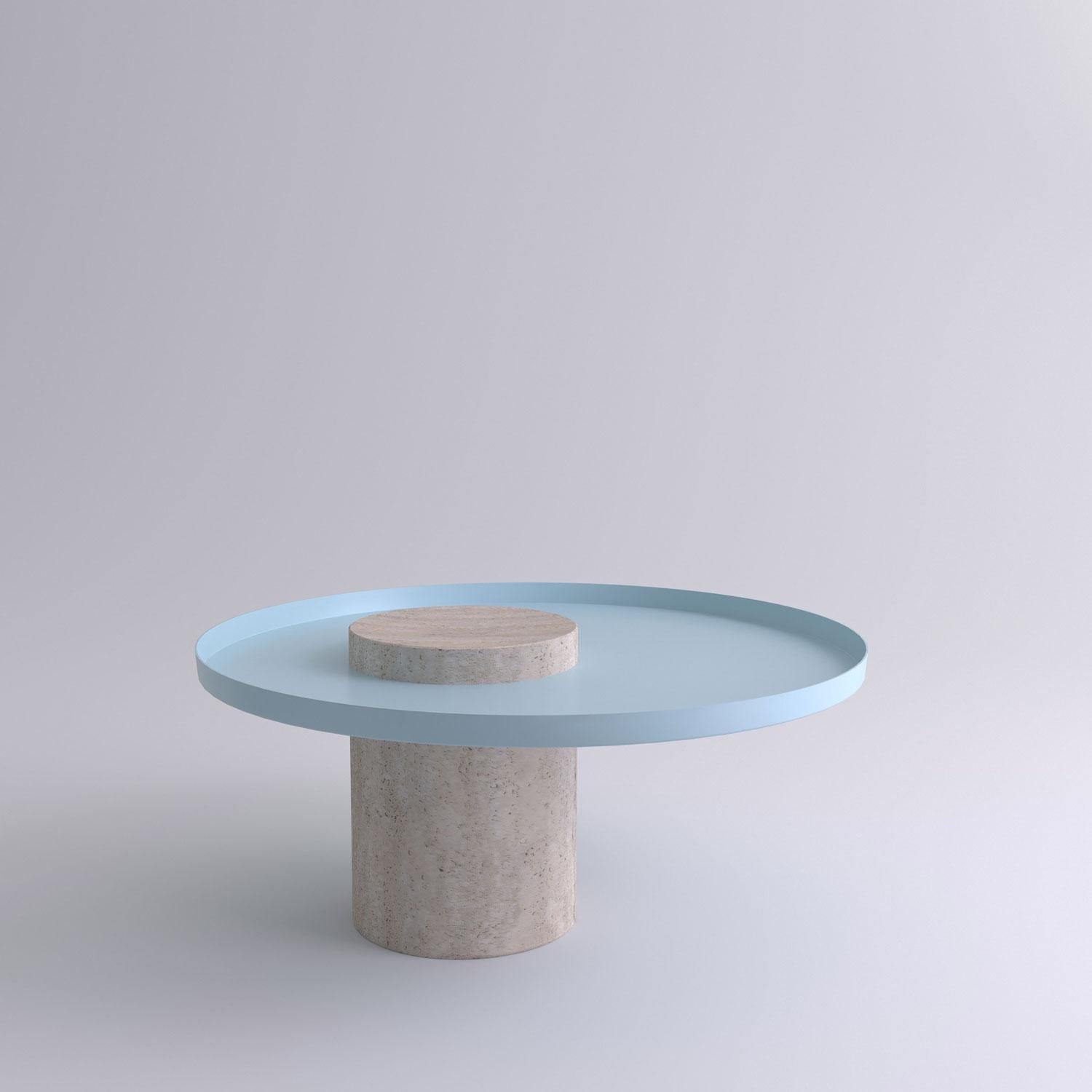 Low travertine contemporary guéridon, Sebastian Herkner
Dimensions: D 70 x H 33 cm
Materials: Travertine stone, light blue metal tray

The salute table exists in 3 sizes, 4 different marble stones for the column and 5 different finishes for the