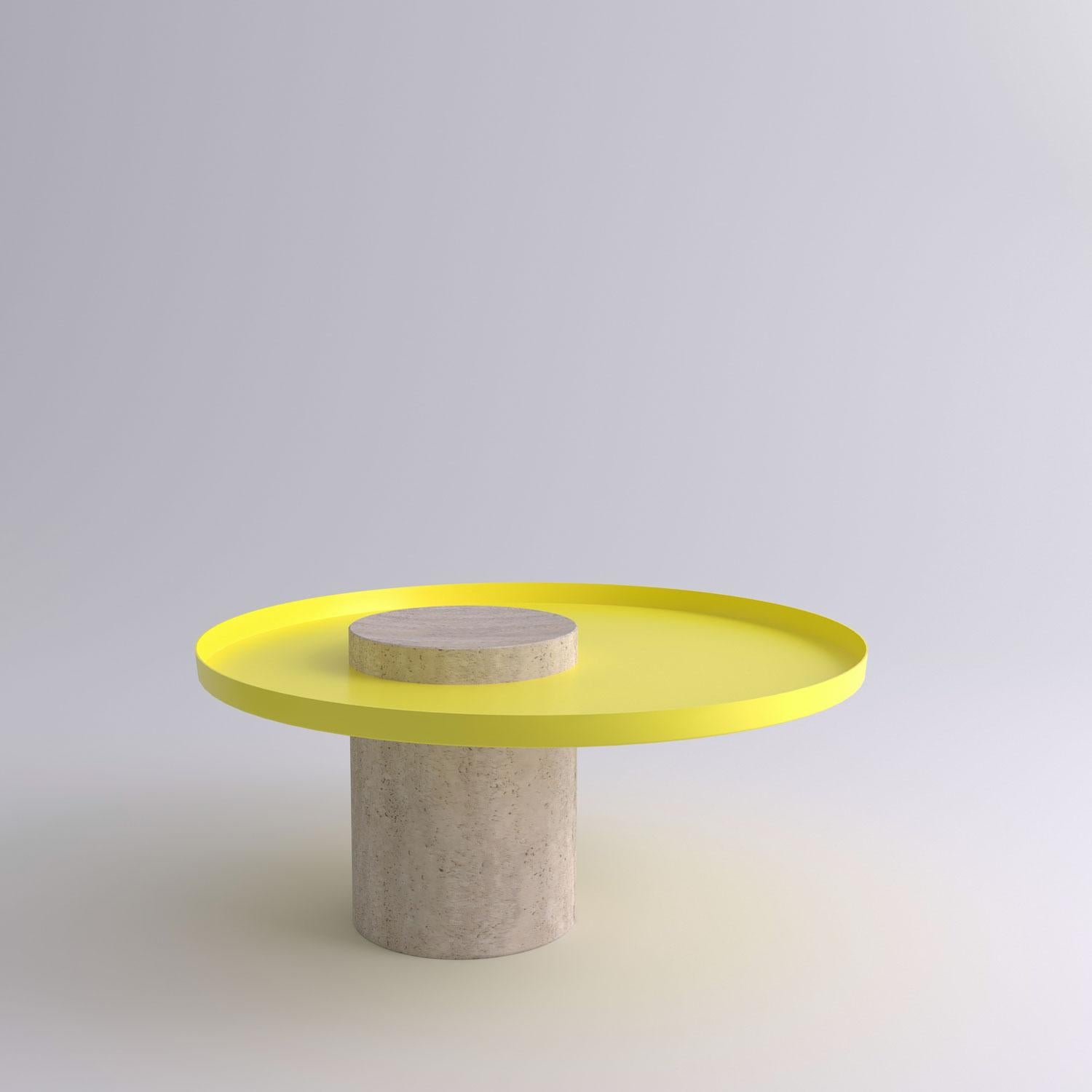 Low travertine contemporary guéridon, Sebastian Herkner
Dimensions: D 70 x H 33 cm
Materials: Travertine stone, yellow metal tray

The salute table exists in 3 sizes, 4 different marble stones for the column and 5 different finishes for the tray