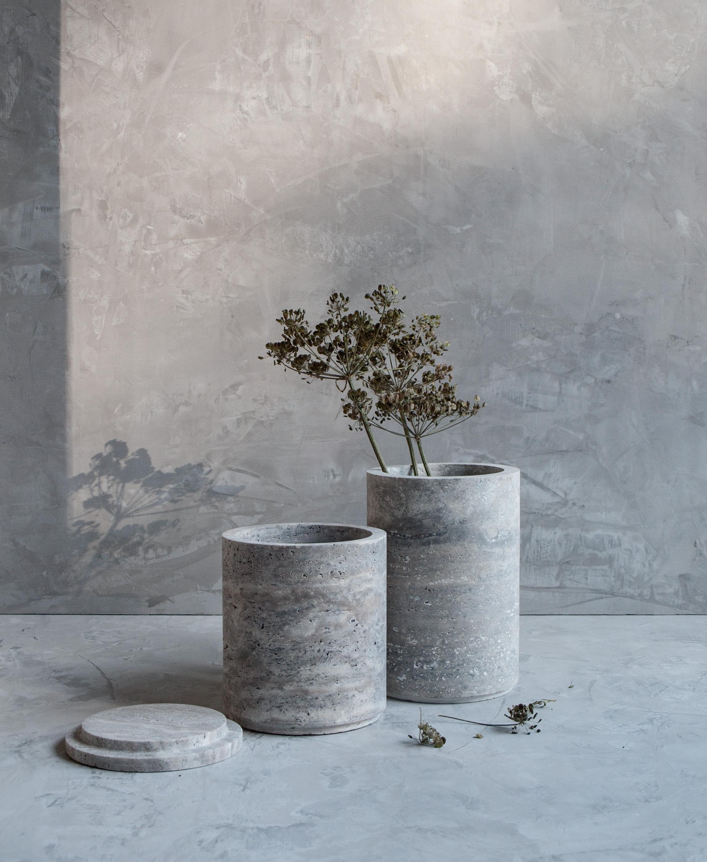 Modern Low Travertino Silver Vases by Bicci De’ Medici For Sale