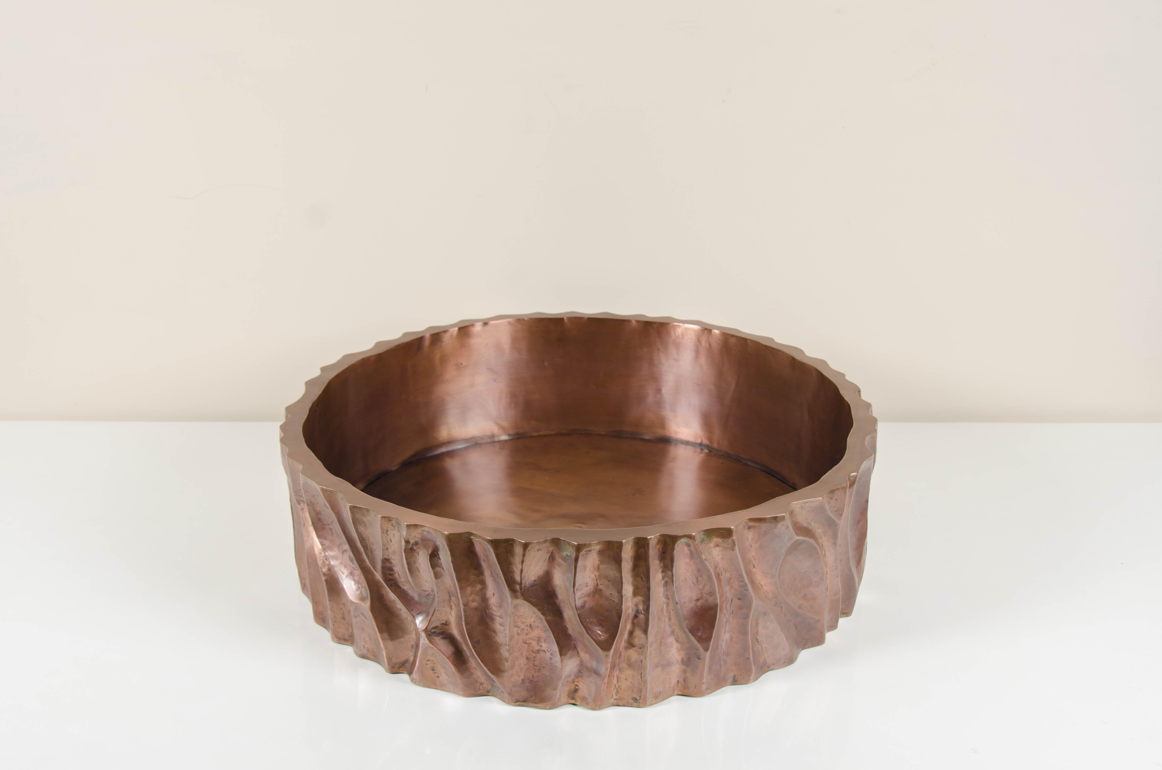 Repoussé Low Tree Trunk Cachepot, Antique Copper by Robert Kuo, Limited Edition For Sale