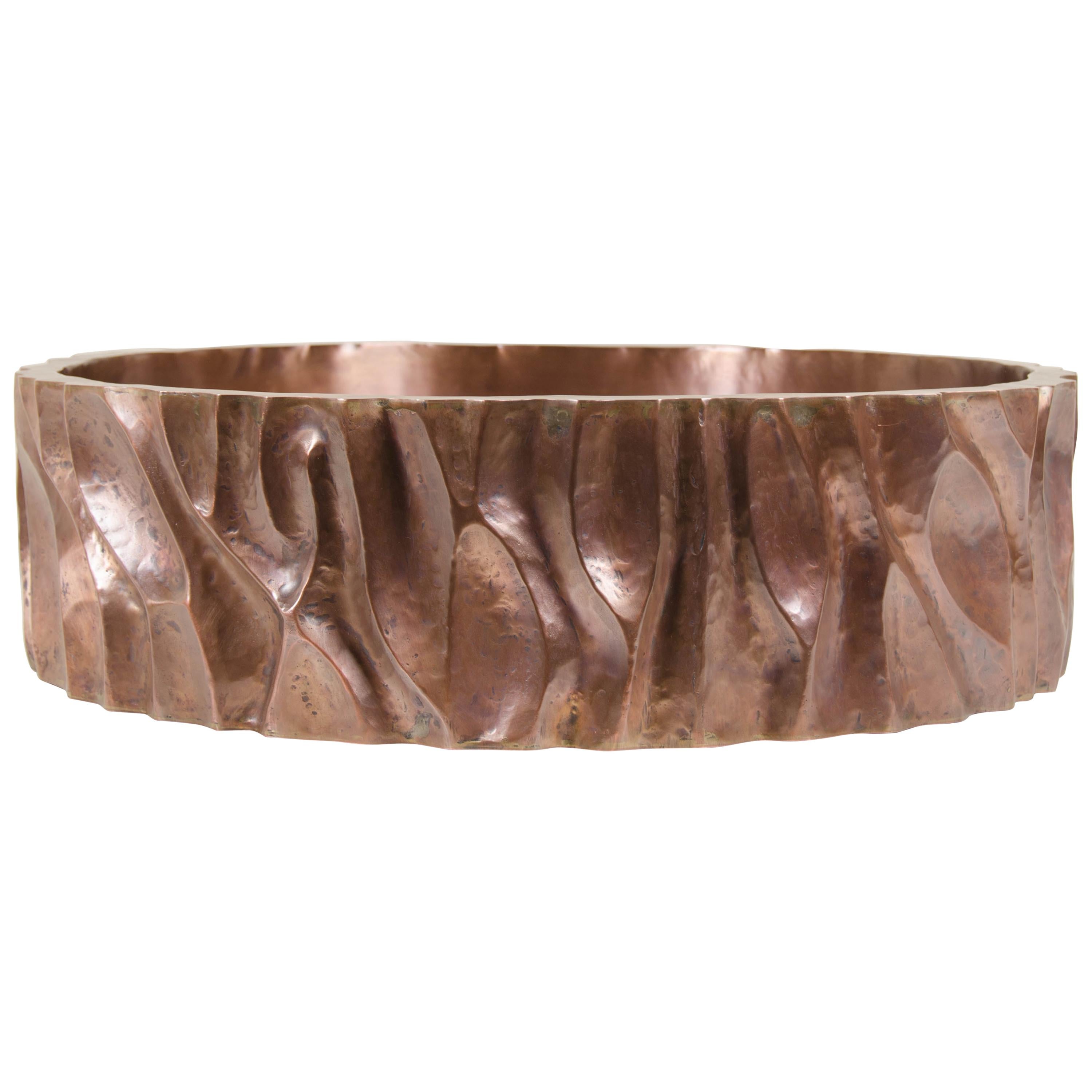 Low Tree Trunk Cachepot, Antique Copper by Robert Kuo, Limited Edition For Sale