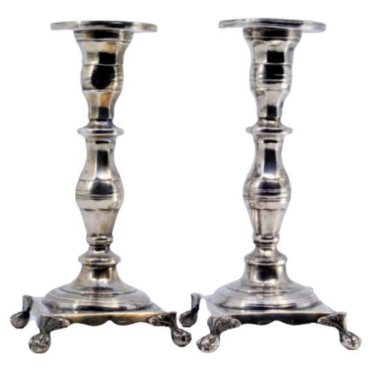 Low turned silver candlesticks with hex shafts 
four claw feet For Sale
