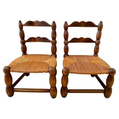 Chaises de cheminée en bois tourné bas de Charles Dudouyt, France, années 1940