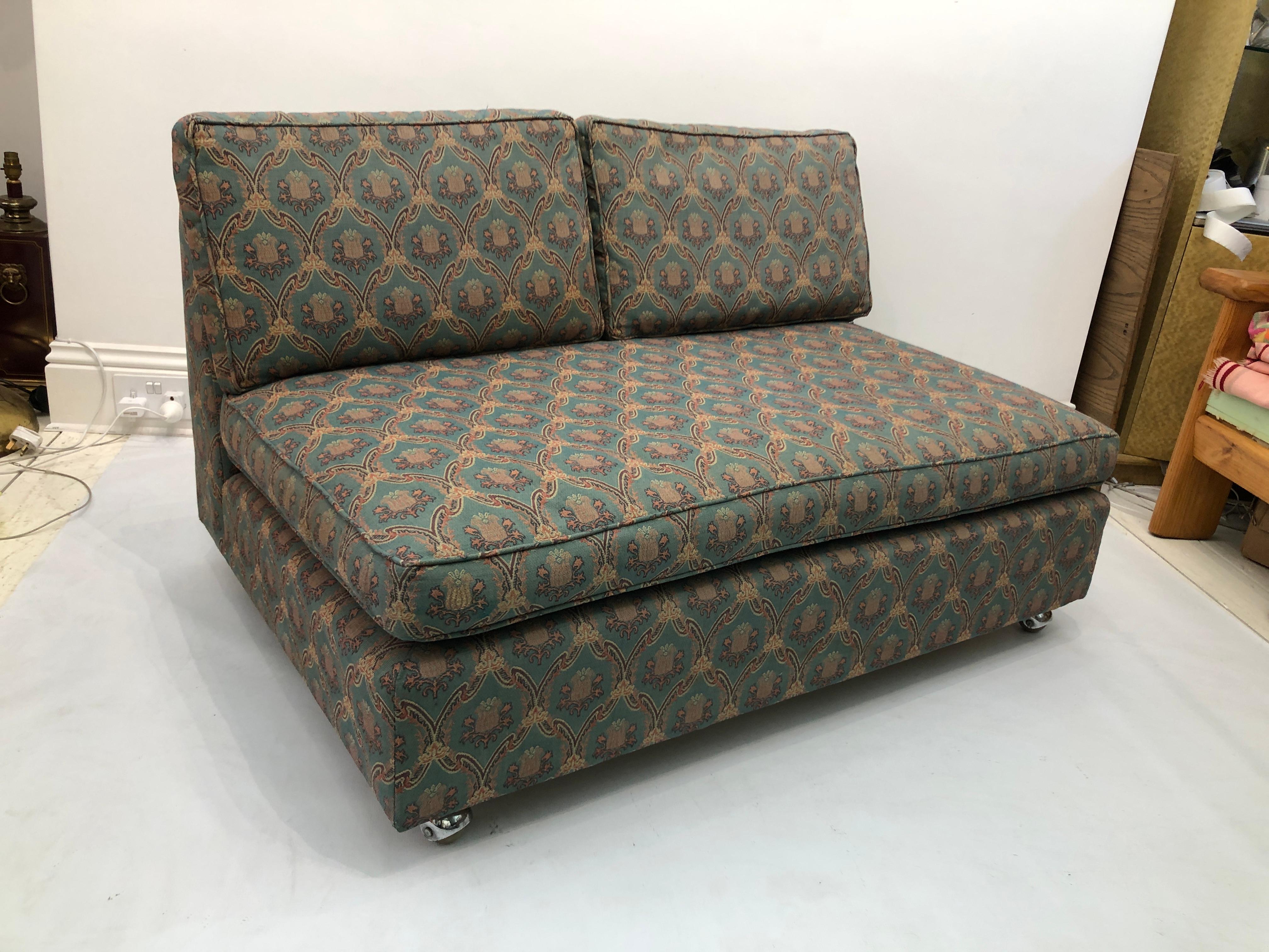 Fabric Low Tuxedo Two Seater Sofa on Wheels Mid Century Modern Settee 1960s Multicolour For Sale