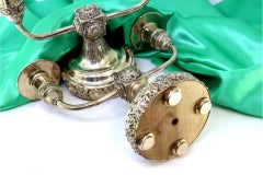 Low two-light candelabra with raised circular bases and wood filling