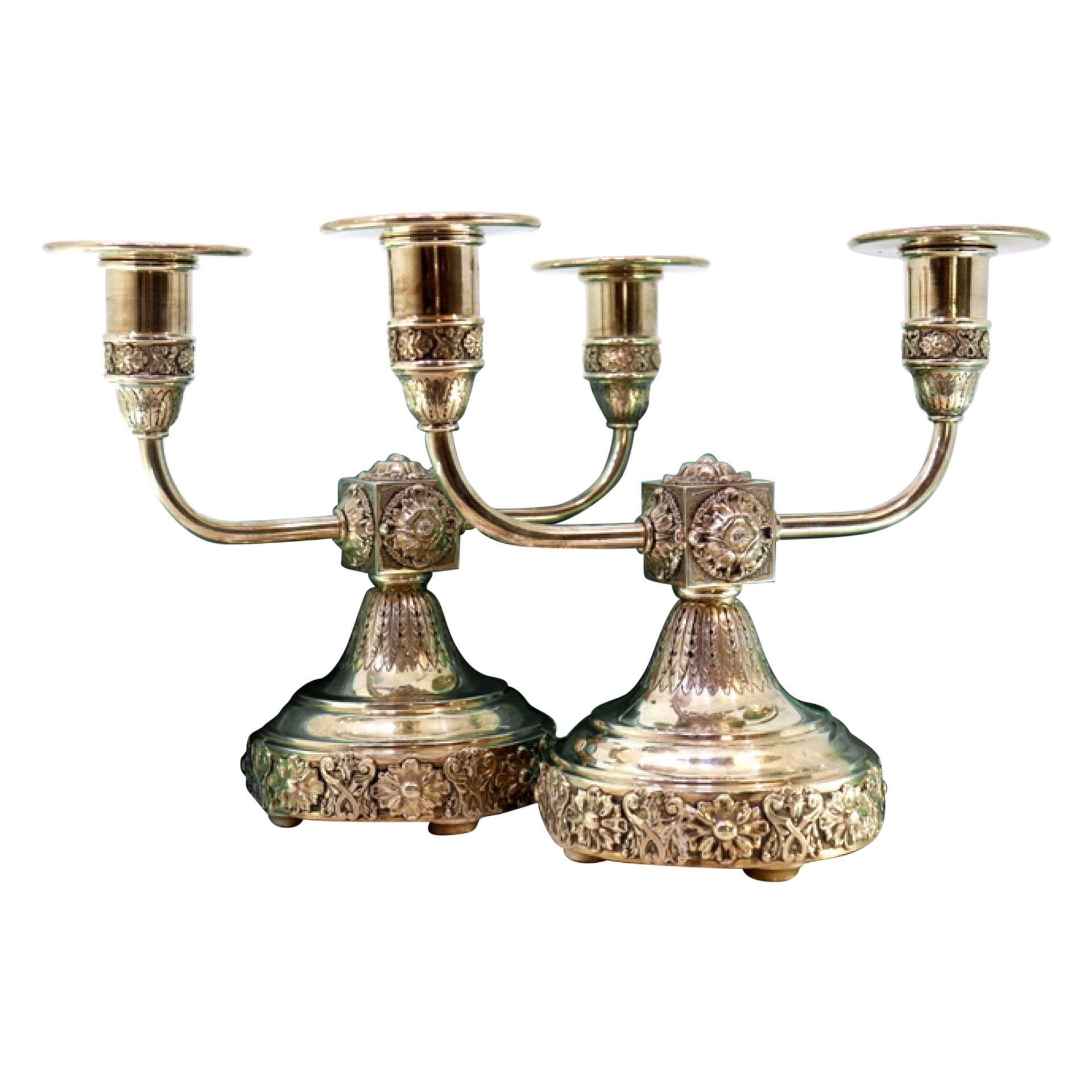 Low two-light candelabra with raised circular bases and wood filling