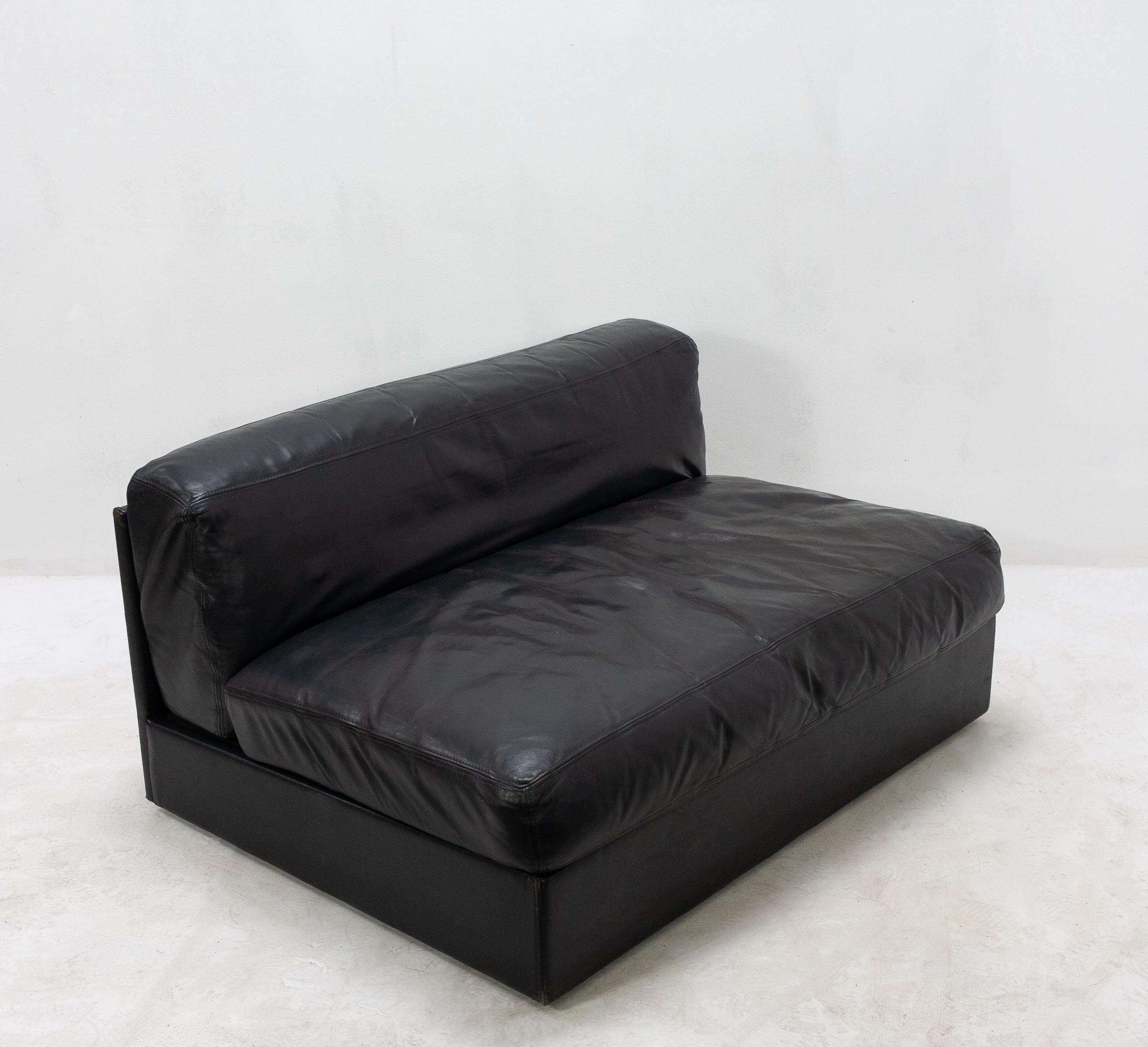 Dutch Low Two-Seat Black Leather Sofa or Loveseat, 1960s