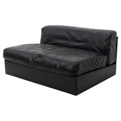Retro Low Two-Seat Black Leather Sofa or Loveseat, 1960s