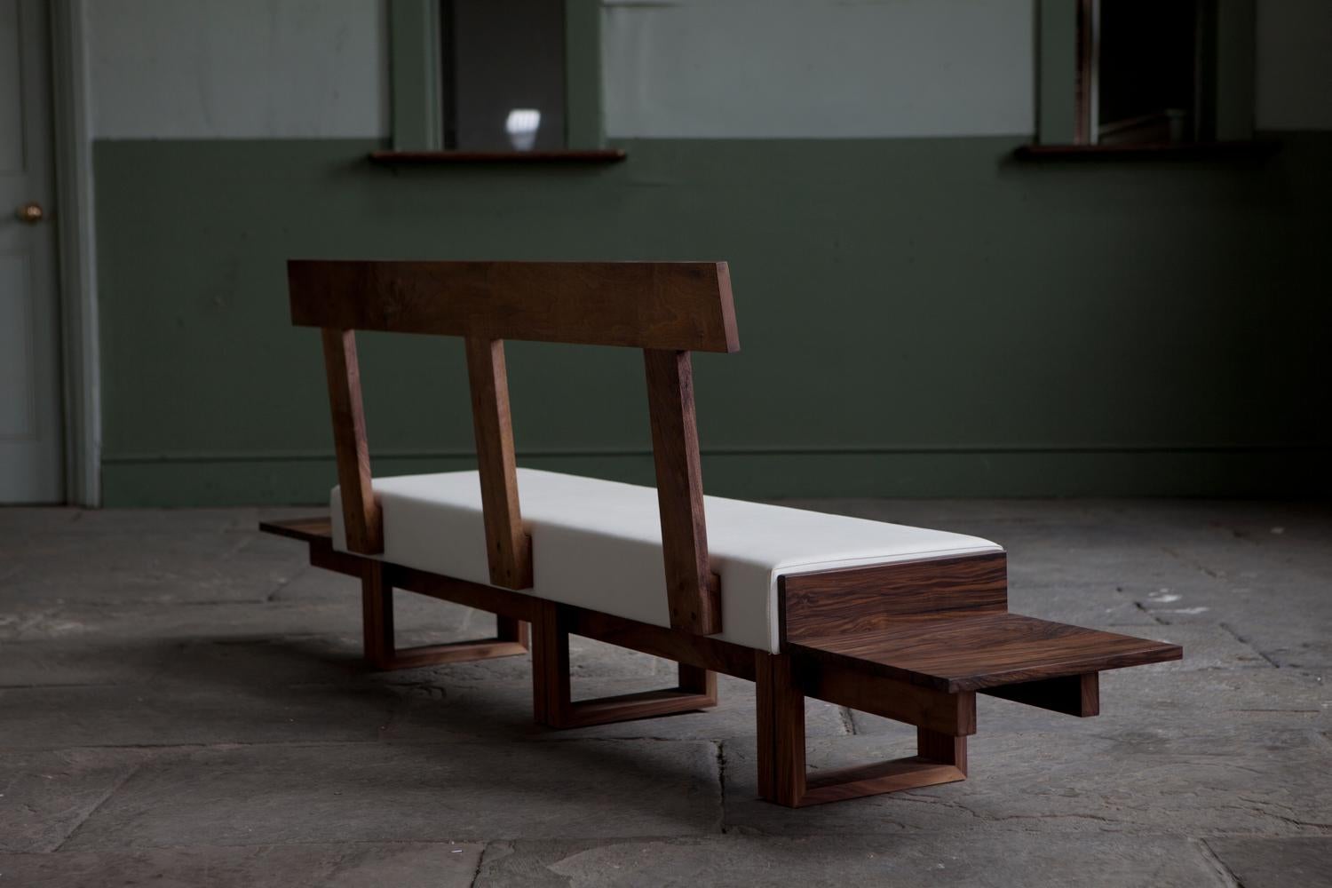 Low Upholstered Bench of American and English Walnut by Jonathan Field. Unique 2