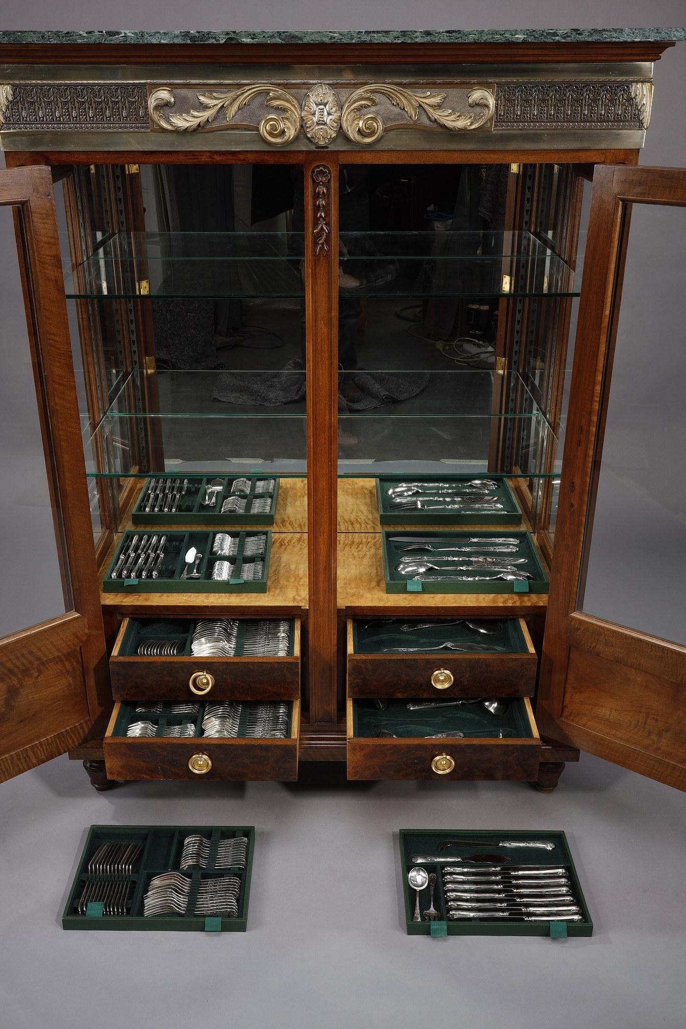 Low Walnut Glass Bookcase with its Cutlery Set, Louis XVI Style 6