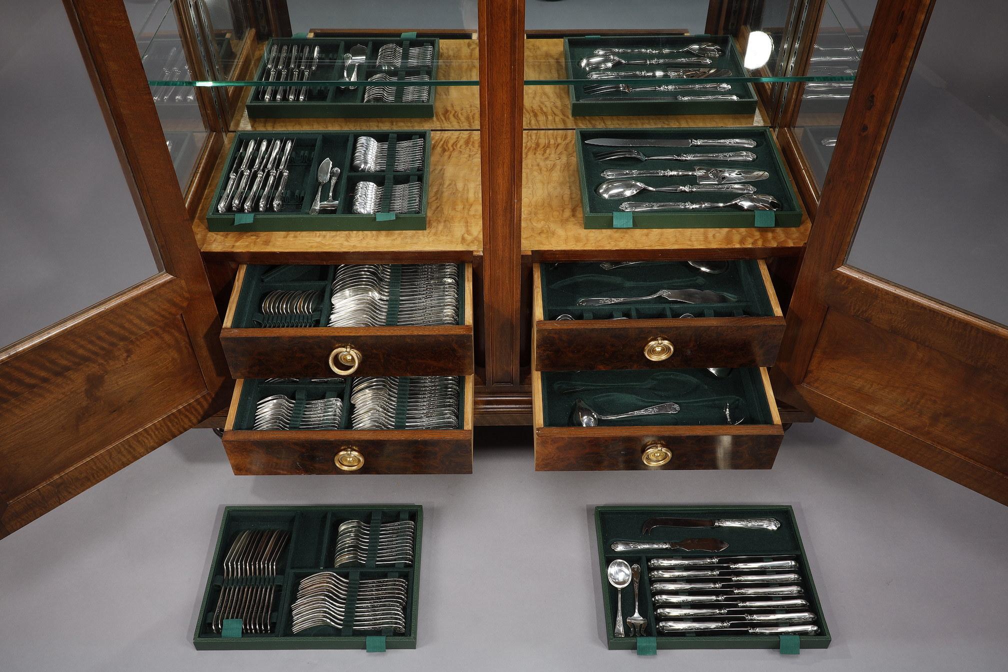 Low Walnut Glass Bookcase with its Cutlery Set, Louis XVI Style 7
