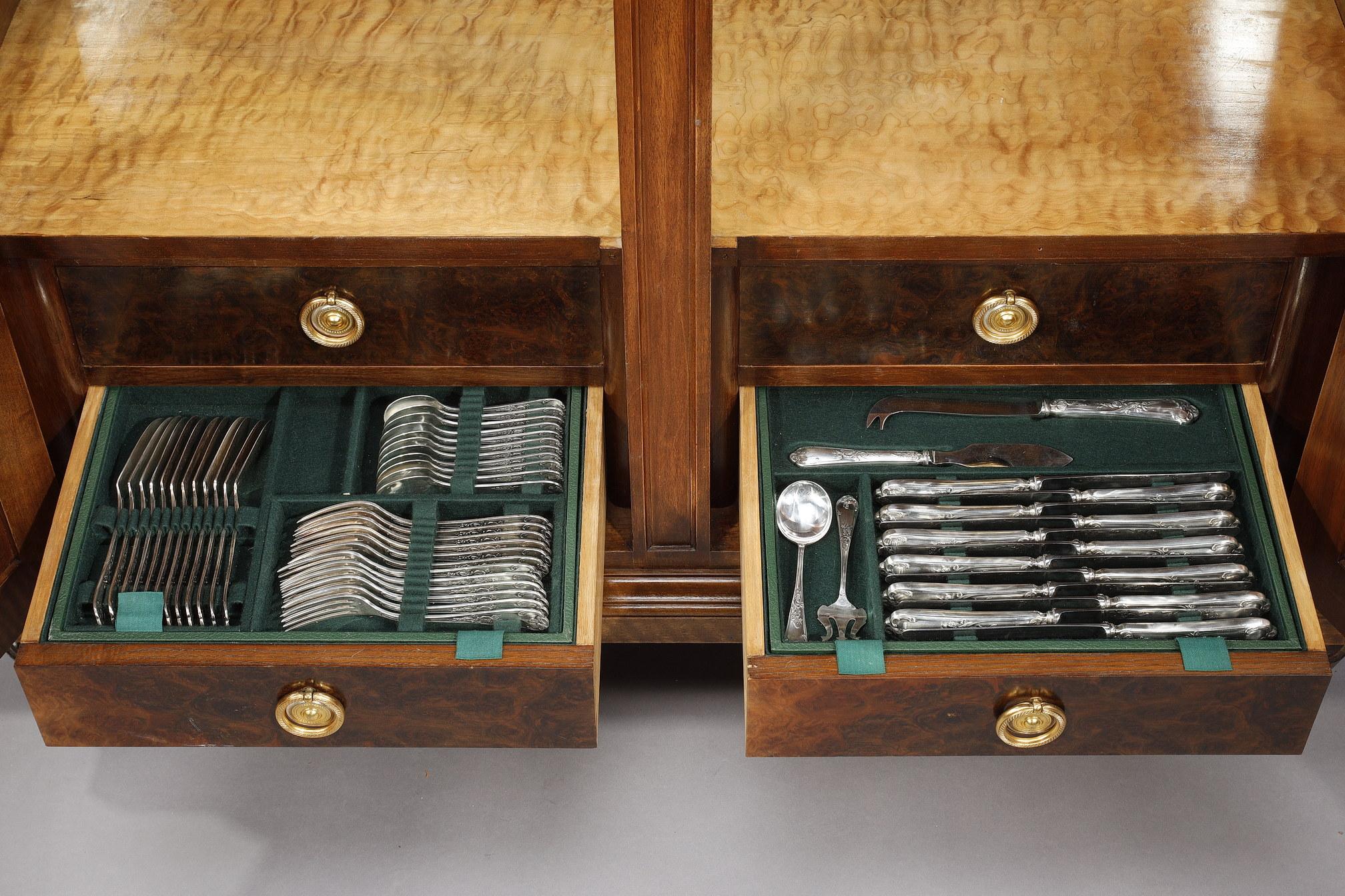 Low Walnut Glass Bookcase with its Cutlery Set, Louis XVI Style 8