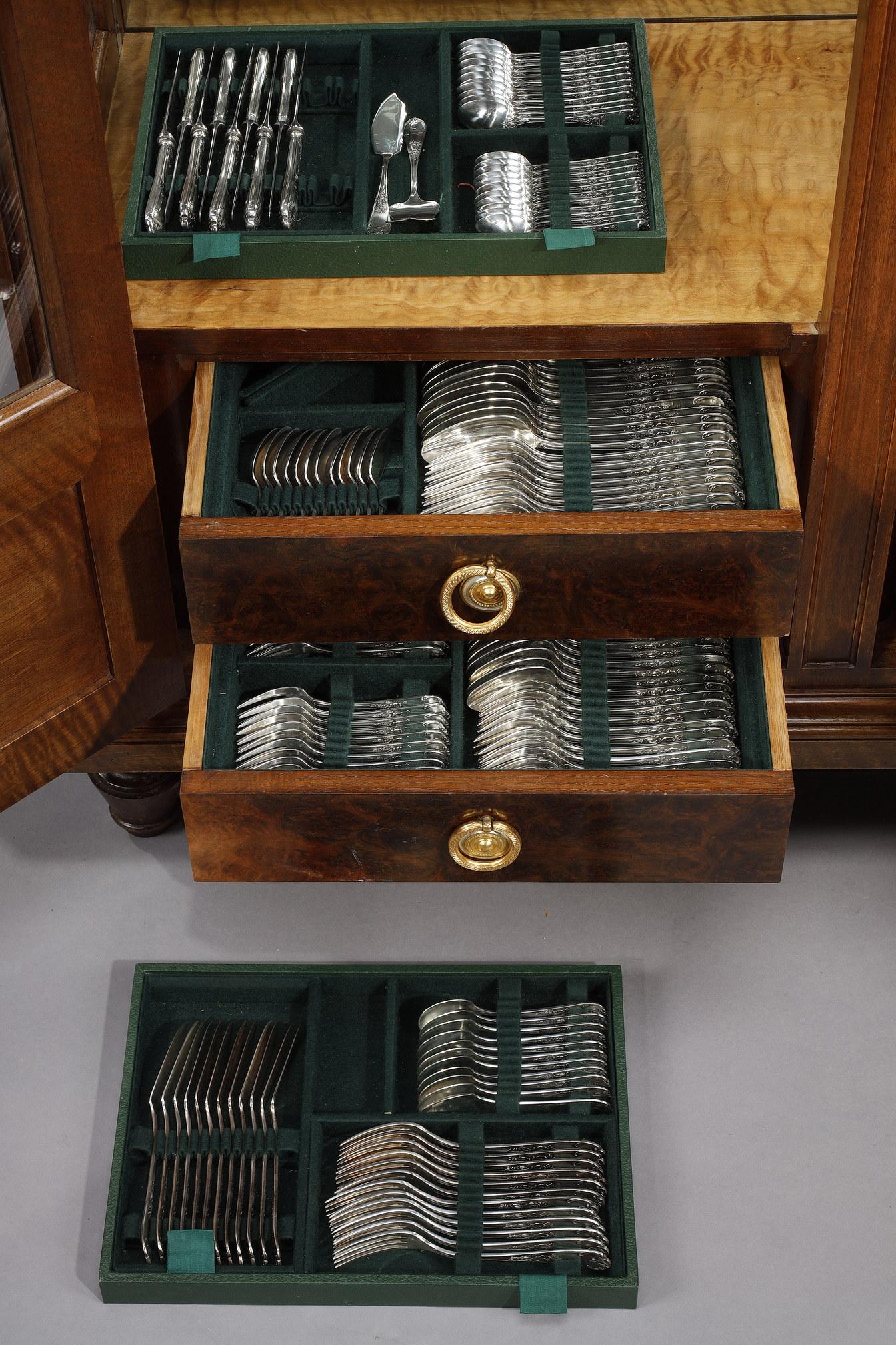 Low Walnut Glass Bookcase with its Cutlery Set, Louis XVI Style 9