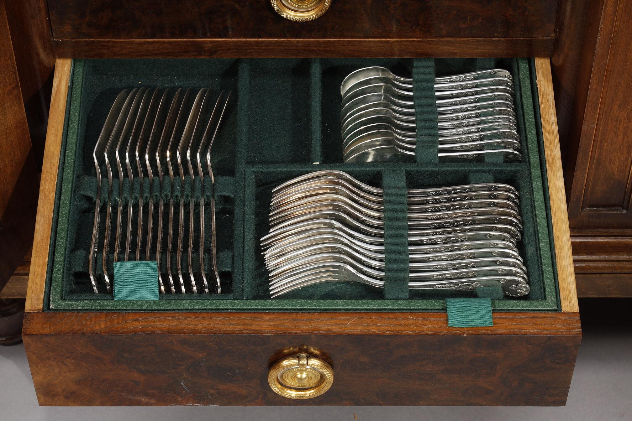 Low Walnut Glass Bookcase with its Cutlery Set, Louis XVI Style 10