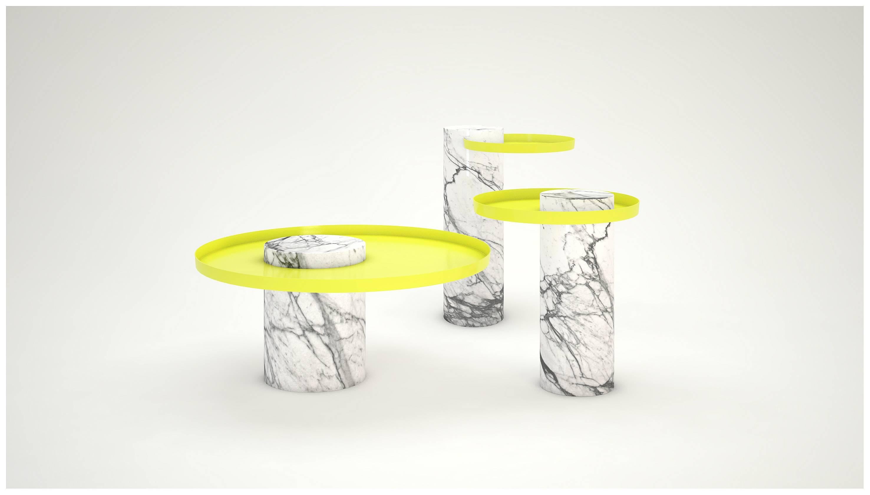 Low white marble contemporary guéridon, Sebastian Herkner.
Dimensions: D 70 x H 33 cm.
Materials: White Pele de Tigre marble, copper.

The salute table exists in 3 sizes, 4 different marble stones for the column and 5 different finishes for the