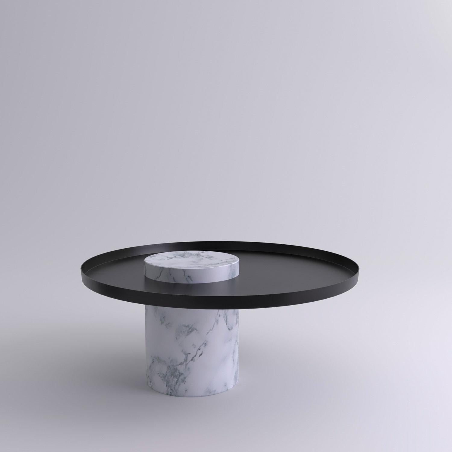 Low white marble contemporary guéridon, Sebastian Herkner
Dimensions: D 70 x H 33 cm
Materials: Pele de Tigre marble, black metal tray

The salute table exists in 3 sizes, 4 different marble stones for the column and 5 different finishes for the