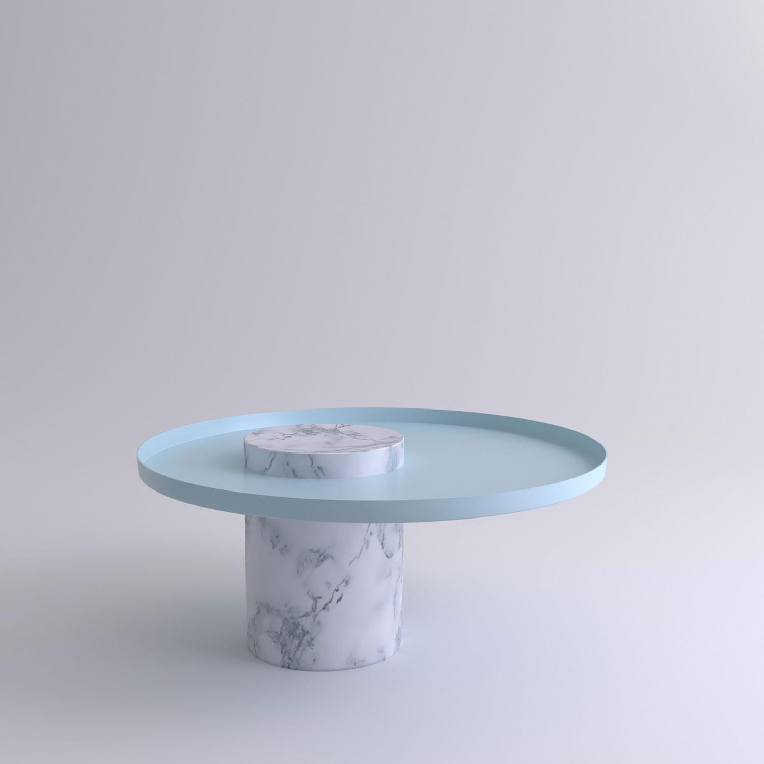 Low white marble contemporary guéridon, Sebastian Herkner
Dimensions: D 70 x H 33 cm
Materials: Pele de Tigre marble, light blue metal tray

The salute table exists in 3 sizes, 4 different marble stones for the column and 5 different finishes