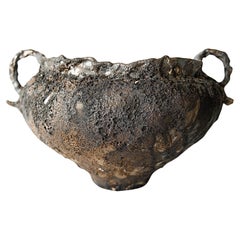 Low Wide Moody Black Free Form Hand Made Bowl with handles