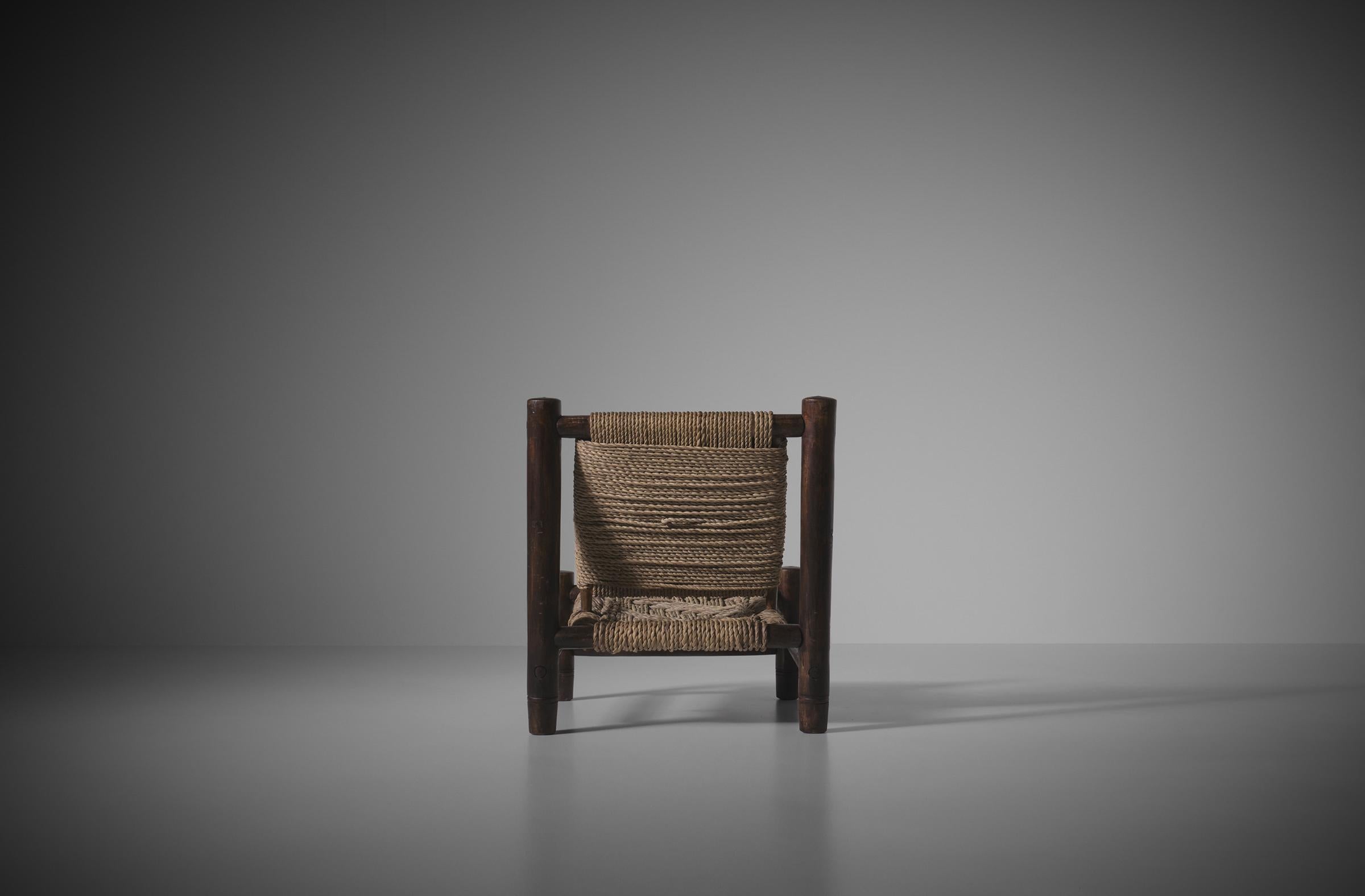 Low Wood and Square Rope Pattern Lounge Chair, France 1960s 3