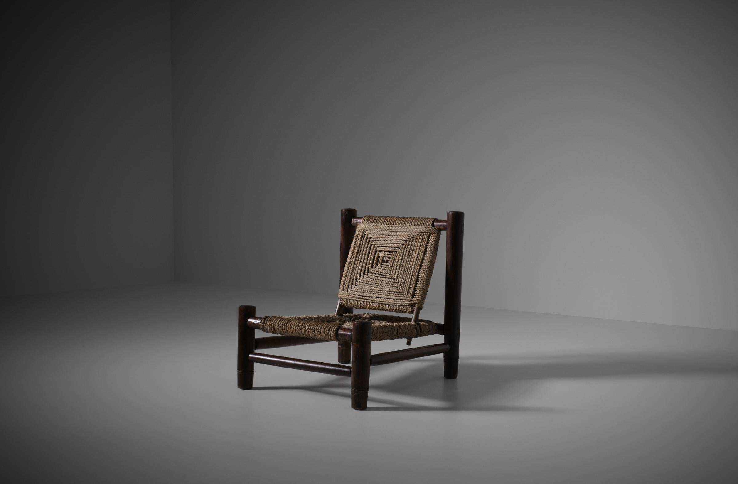 French Low Wood and Square Rope Pattern Lounge Chair, France 1960s