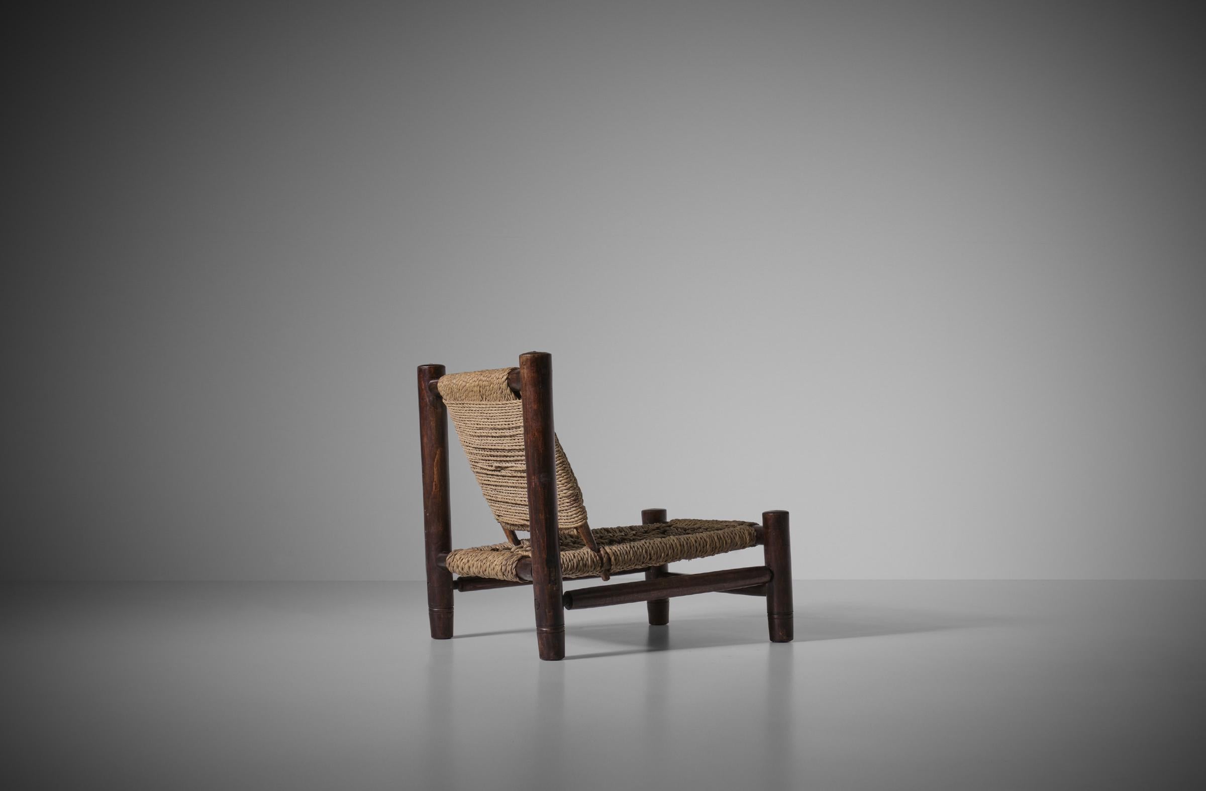 Low Wood and Square Rope Pattern Lounge Chair, France 1960s 1