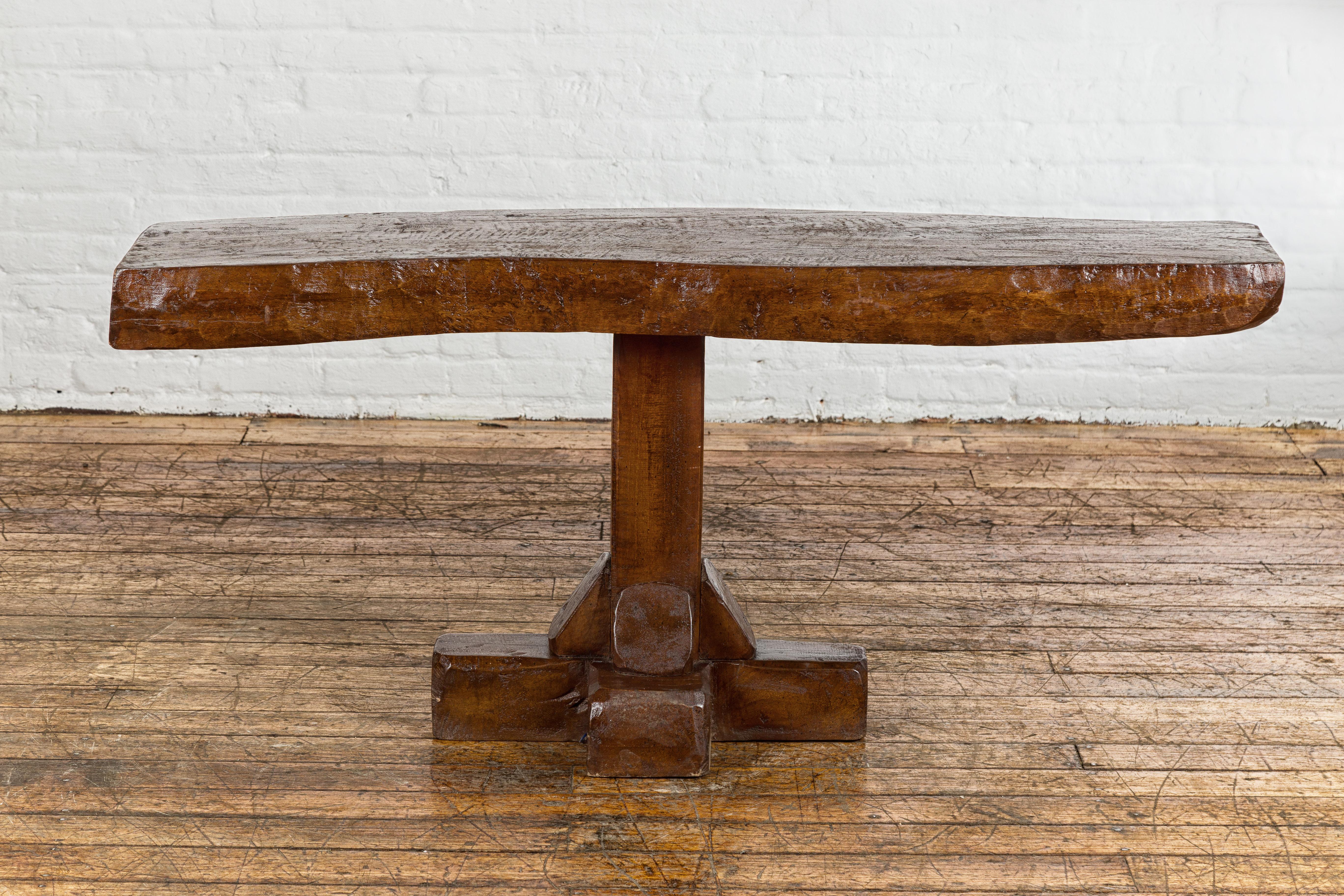 Low Wooden Console Table with Rustic Top and Pedestal Base For Sale 10