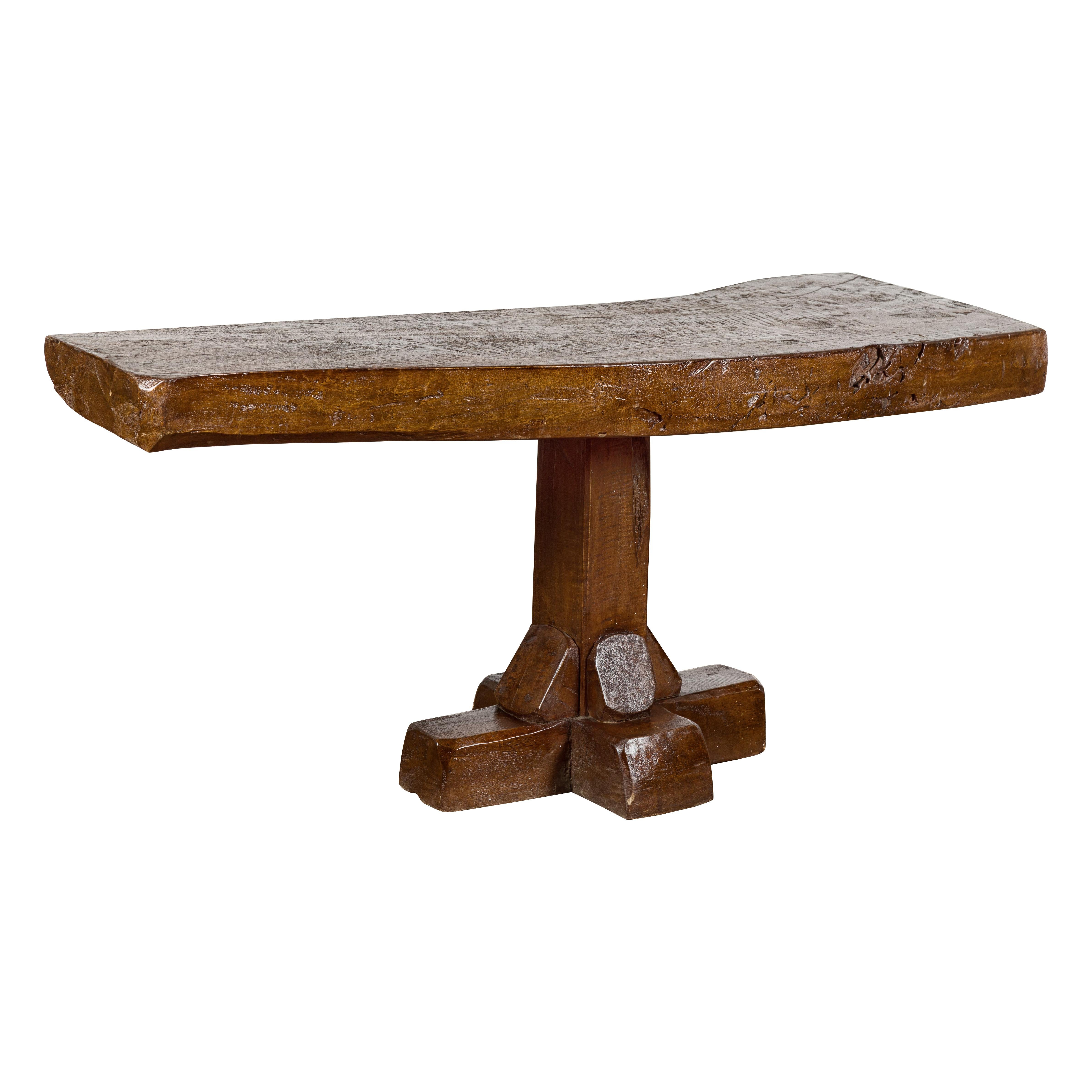 Low Wooden Console Table with Rustic Top and Pedestal Base For Sale 12