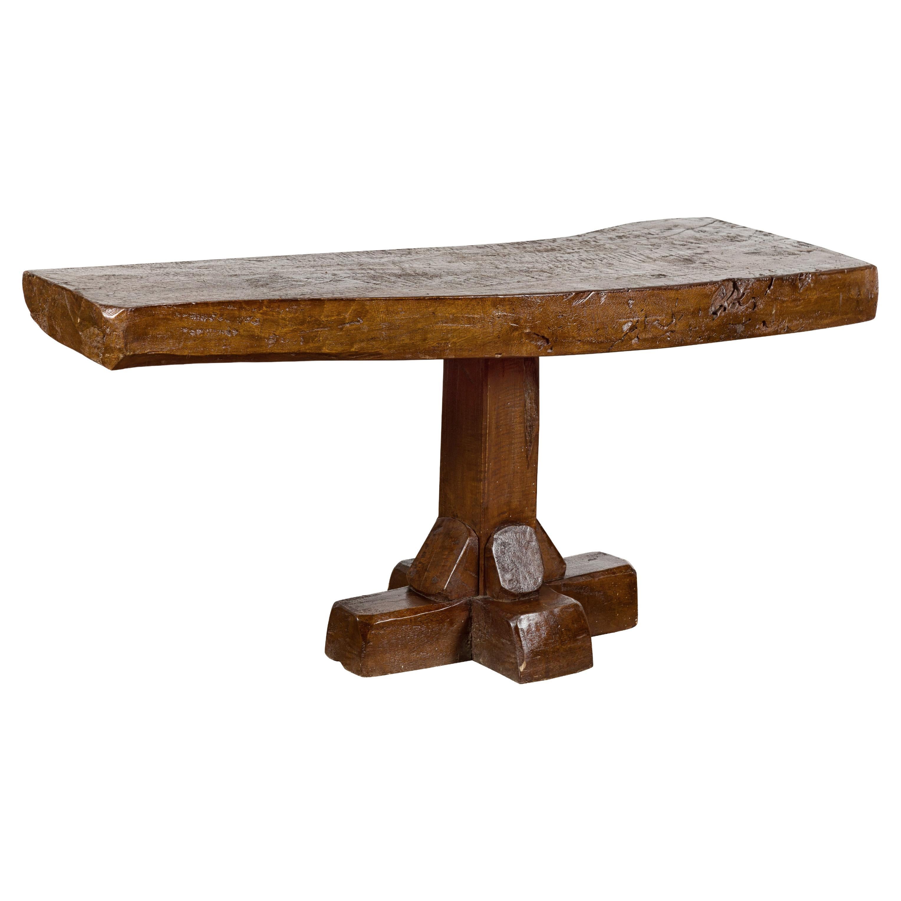 Low Wooden Console Table with Rustic Top and Pedestal Base For Sale