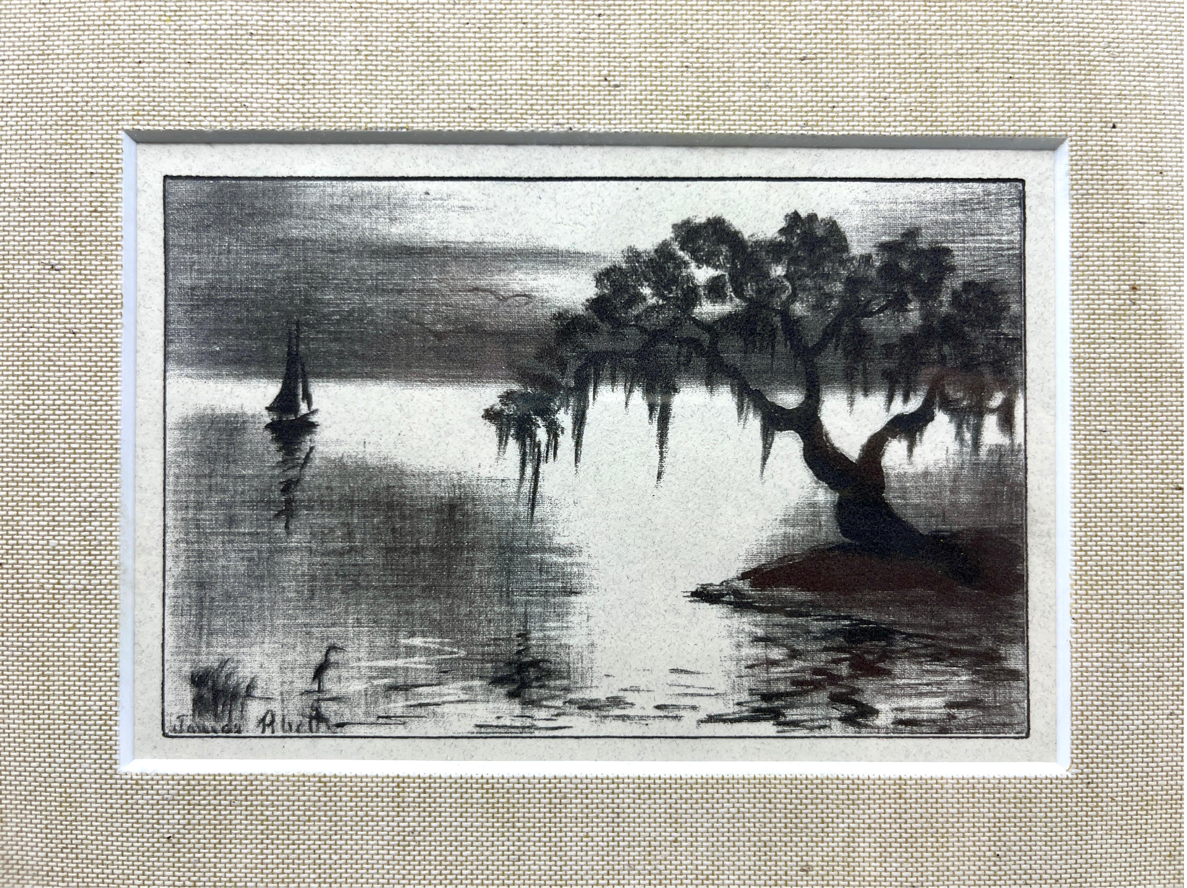 Stampa offset incorniciata di un disegno a carboncino della costa della Carolina del Sud (Lowcountry) di James Moore Rhett. Tappezzato professionalmente in lino e incorniciato in Wood. Intitolata 