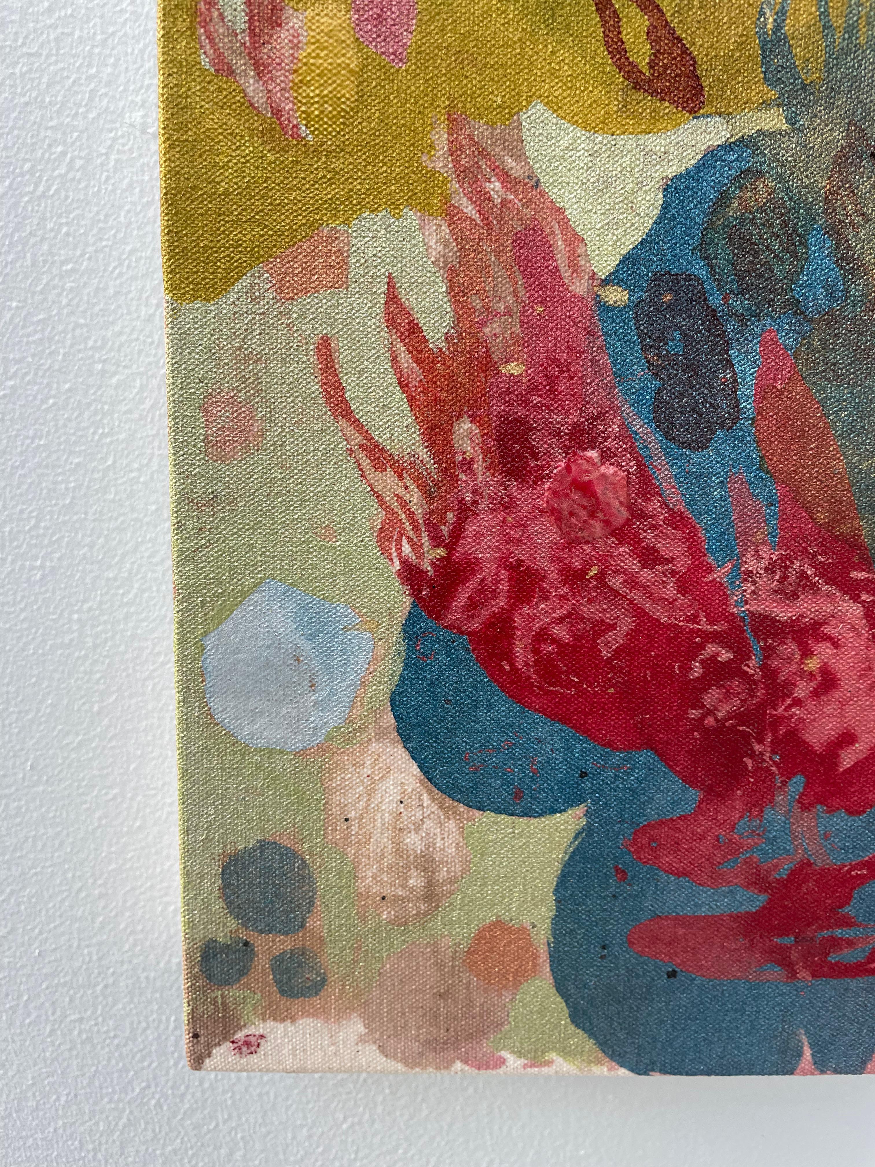 ABOUT HER EYES - small gestural abstract painting in gold, red and blue For Sale 4