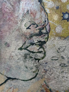 ABOUT HER EYES - small gestural abstract painting in gold, red and blue