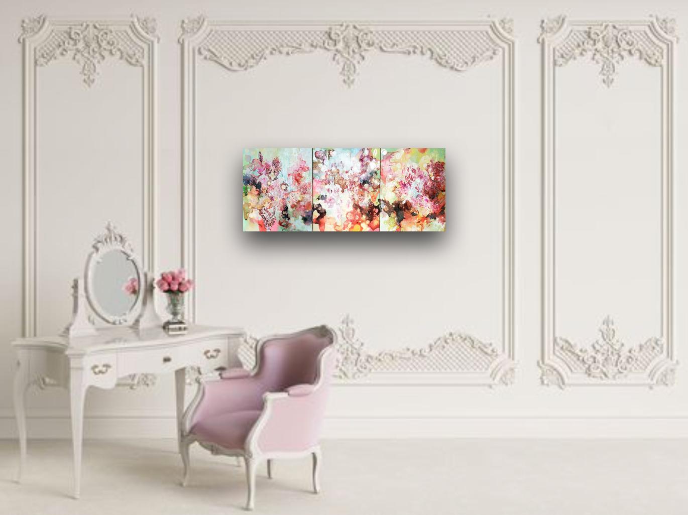 Title: Big Bang Blossoming
Artist: Lowell Boyers
Medium: Acrylic, ink, resin on canvas
Size: 20 x 48 inches - Triptych ( 3 panels 20 x 16 each)
Colors: Multiple shades of pale blue, green, yellow and pink with figurative shapes in dark burgundy and