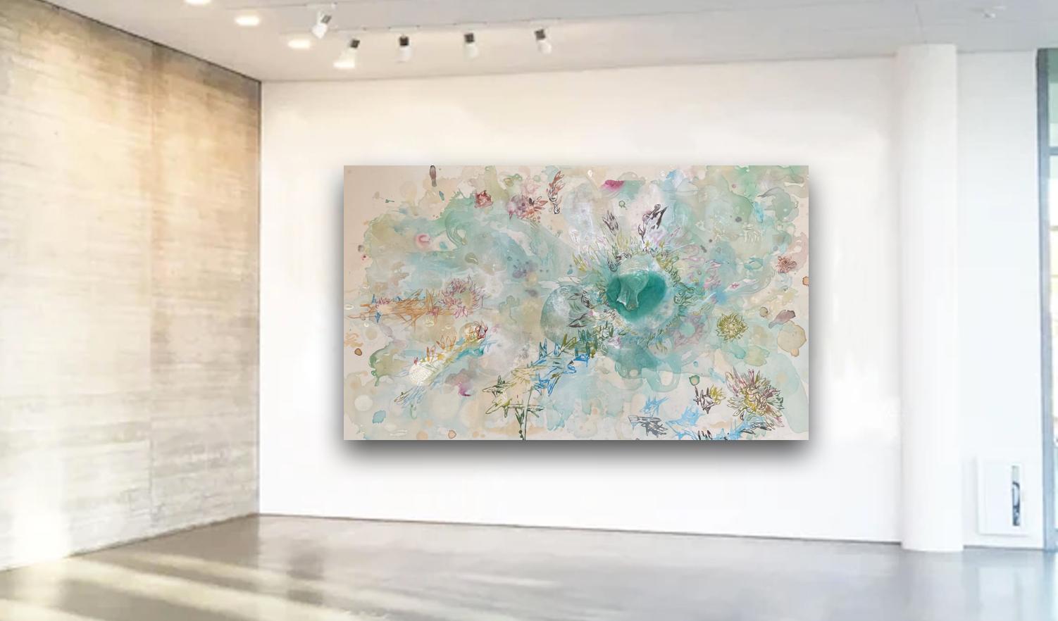 Blue Bang: A large and unique abstract figurative painting in resin and acrylic - Gray Abstract Painting by Lowell Boyers