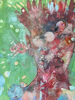 THREADS OF BECOMING - small gestural painting in shades of green, blue & pink