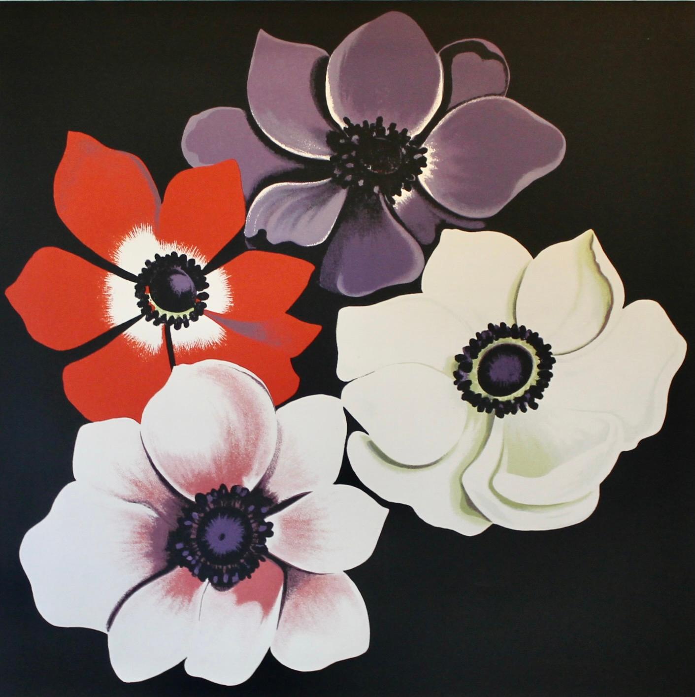 A large colorful Aquatint Etching of four flowers, an homage to the
iconic Warhol image. plate size: 25x25