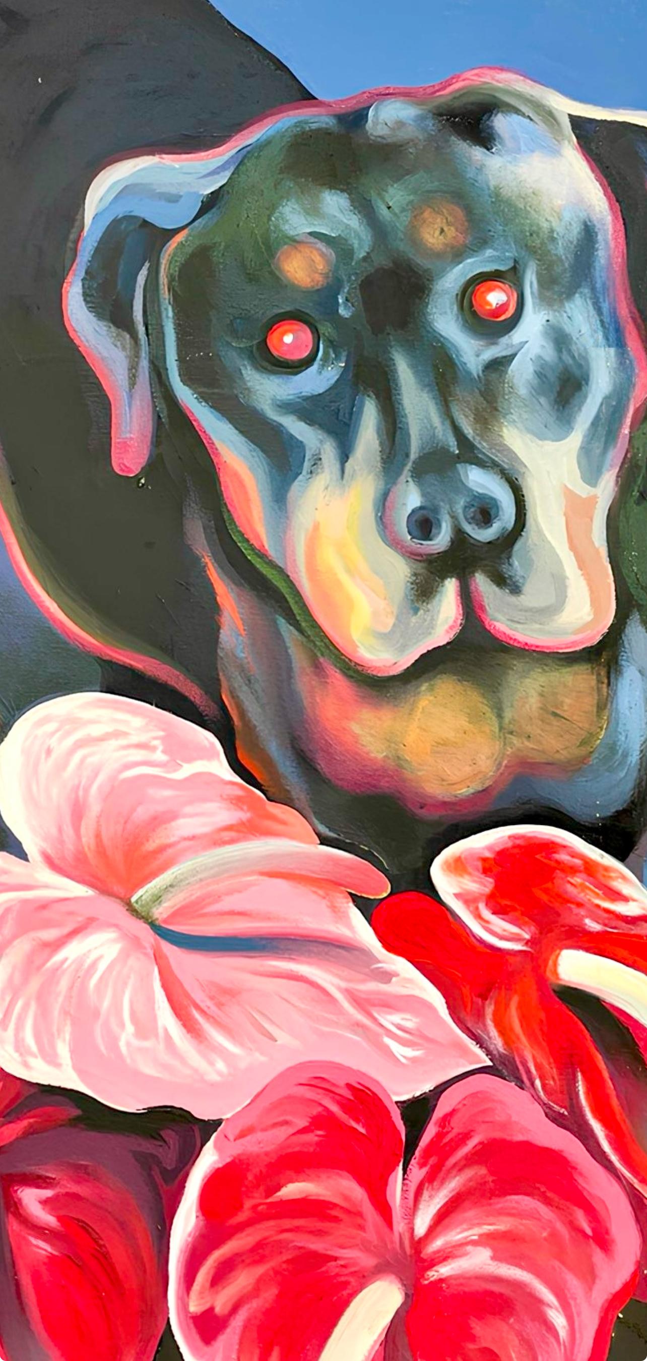 Serie di animali (Cane Rottweiler con fiori), Lowell Nesbitt - Pittura in vendita 1