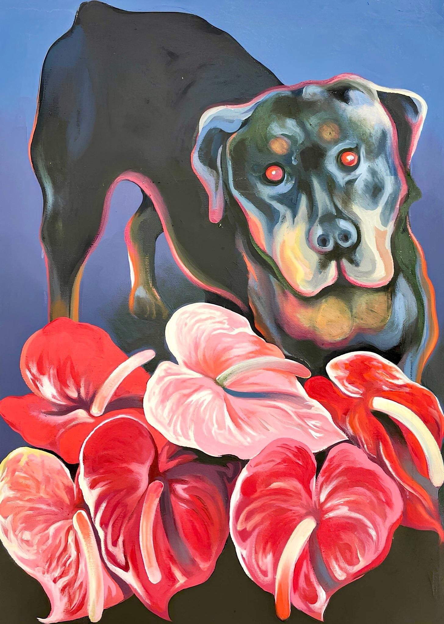 Serie de animales (Perro rottweiler con flores), Lowell Nesbitt - Pintura