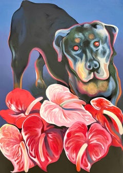 Serie de animales (Perro rottweiler con flores), Lowell Nesbitt - Pintura