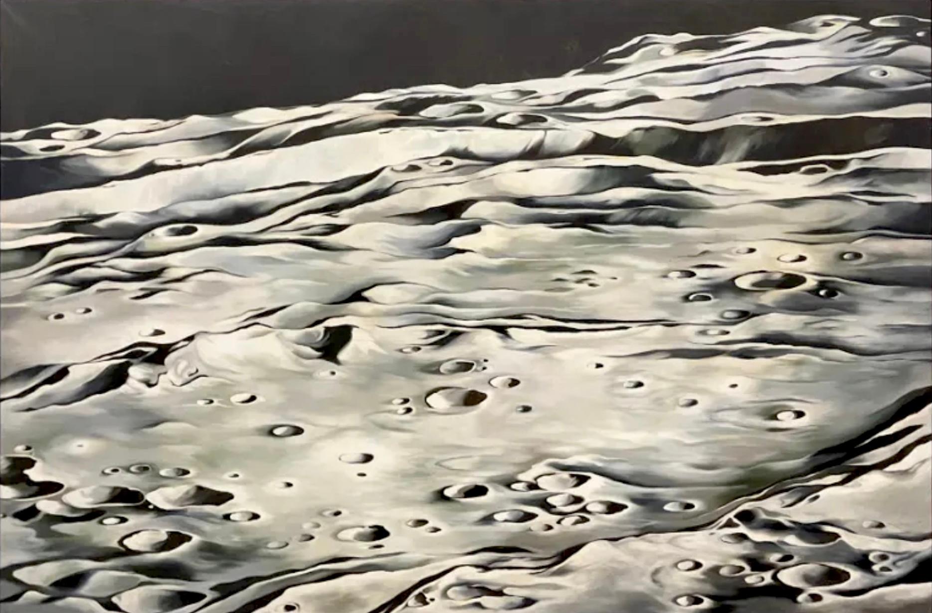 Original oil painting on canvas, 1970. Size: 72 x 108 inches. Signed, titled, dated on verso. Provenance: Andrew Crispo Gallery, New York, NY. Notes: This is one of the resulting lunar paintings from Lowell Nesbitt’s commission as the official