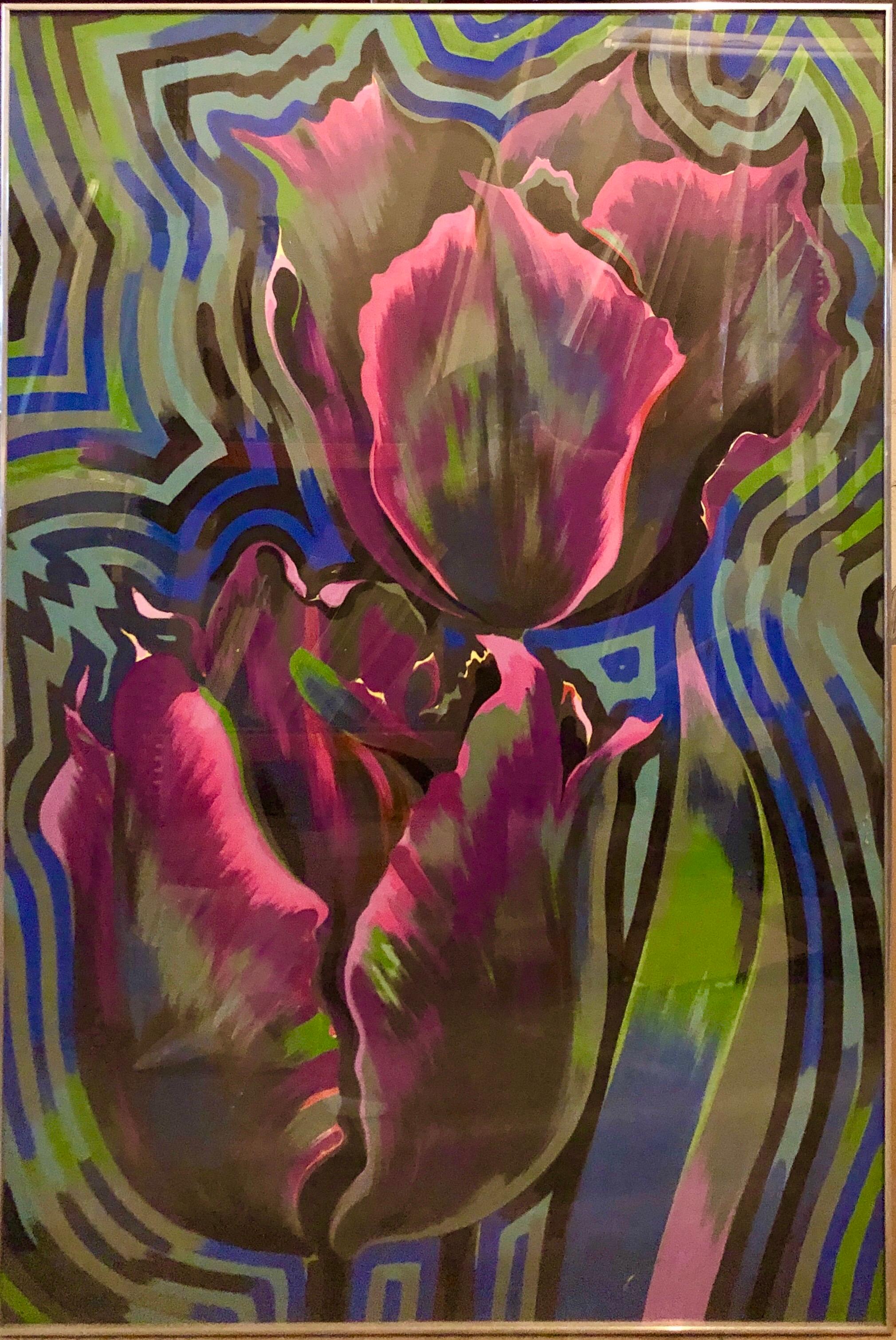 Flowers 1978, Op Art, peinture à l'huile florale à l'huile Tempera sur panneau Roses Pop Art Grande peinture - Noir Still-Life Painting par Lowell Nesbitt