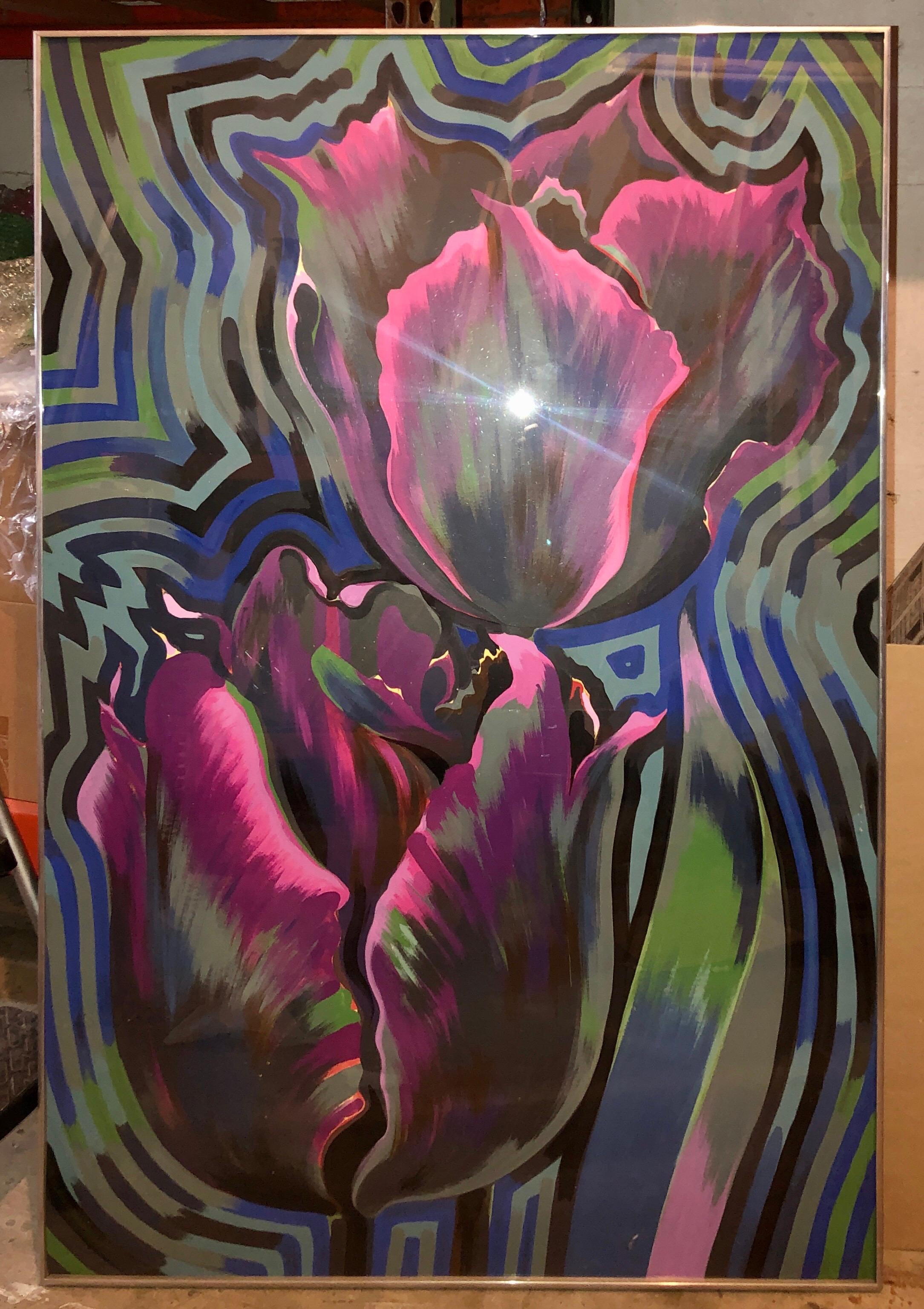 Flowers 1978, Op Art, peinture à l'huile florale à l'huile Tempera sur panneau Roses Pop Art Grande peinture en vente 3