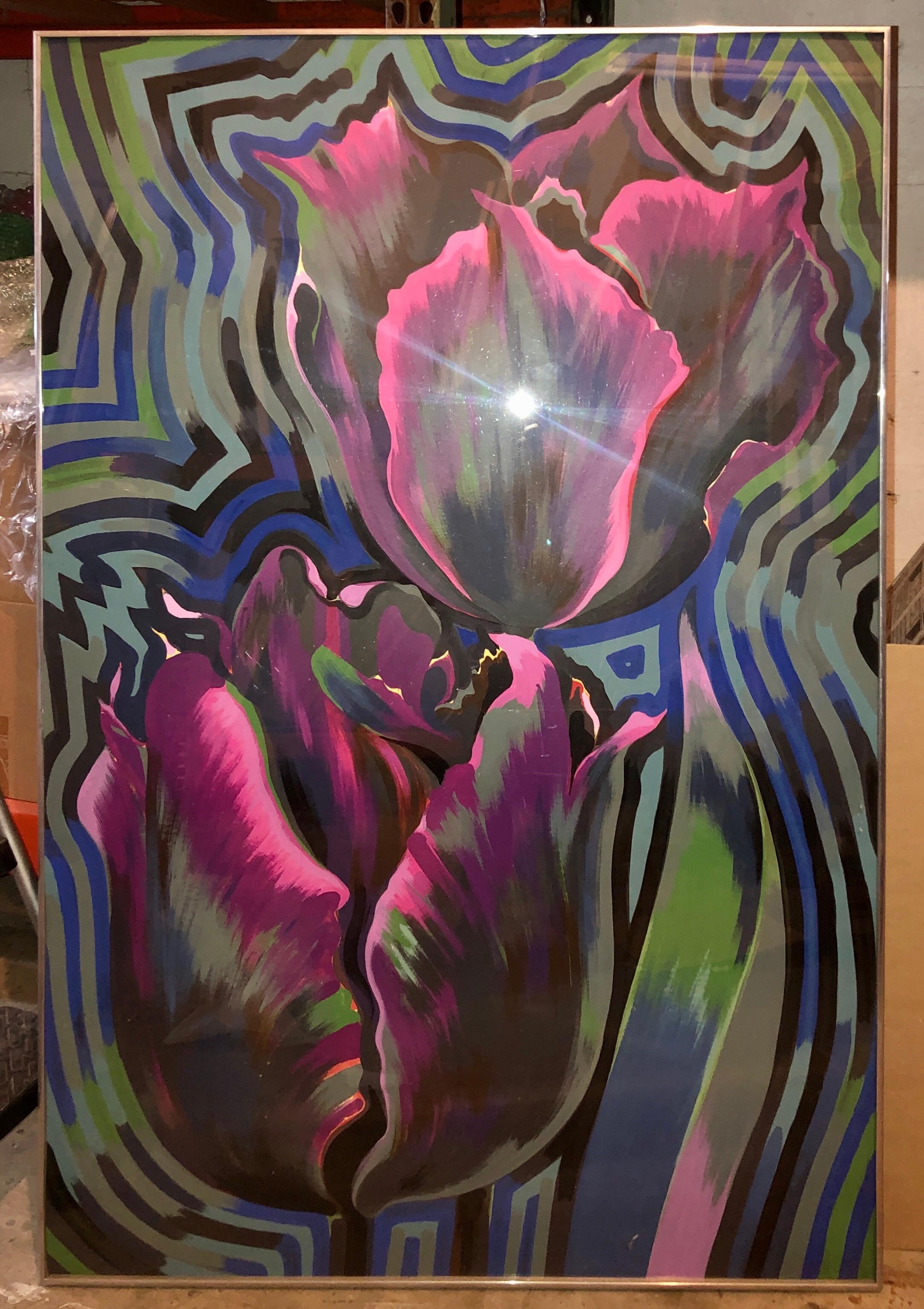 Flowers 1978, Op Art Floral Oil Tempera on Board Roses Pop Art Large Painting For Sale 4