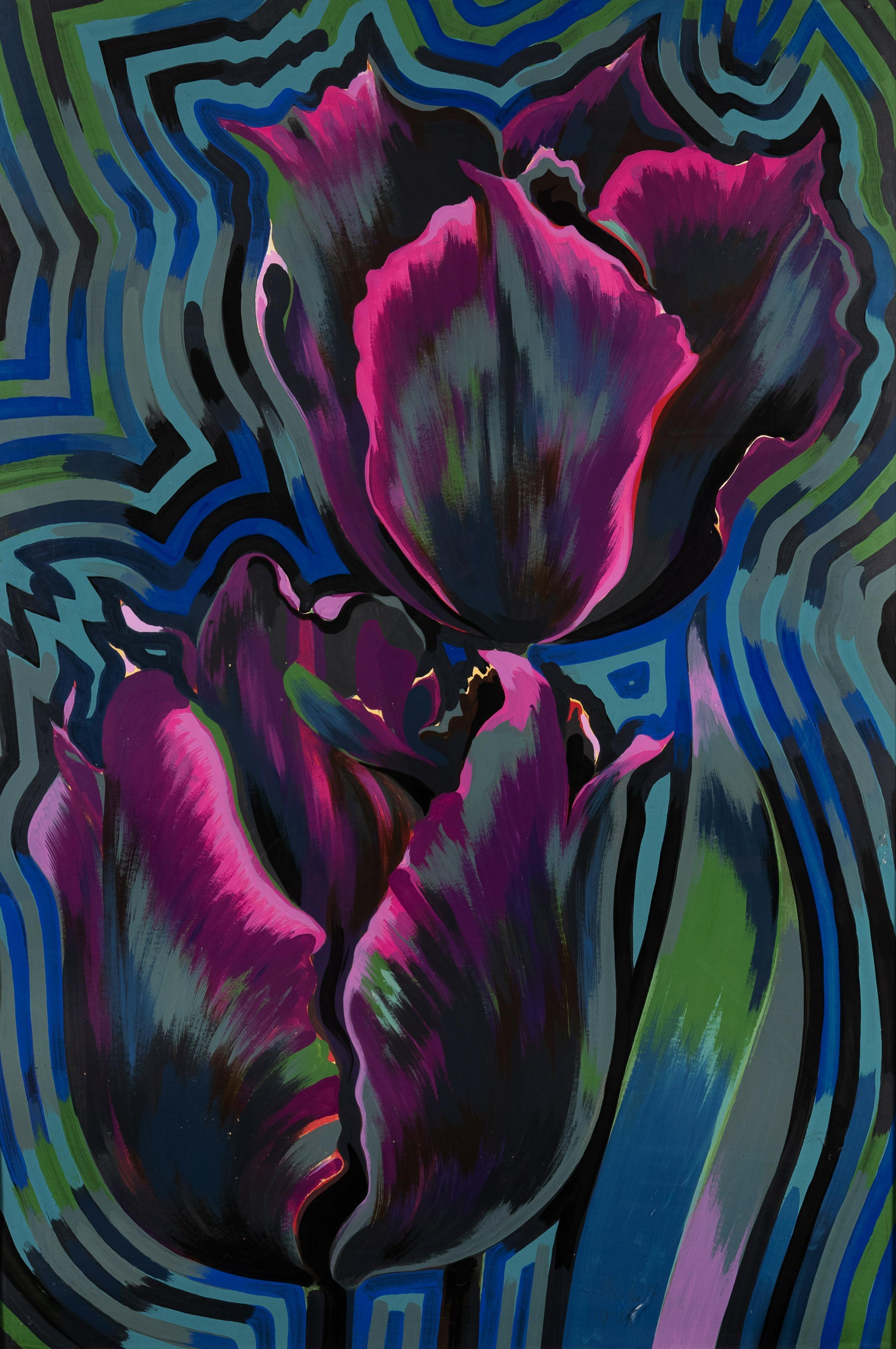 Flowers 1978, Op Art, peinture à l'huile florale à l'huile Tempera sur panneau Roses Pop Art Grande peinture